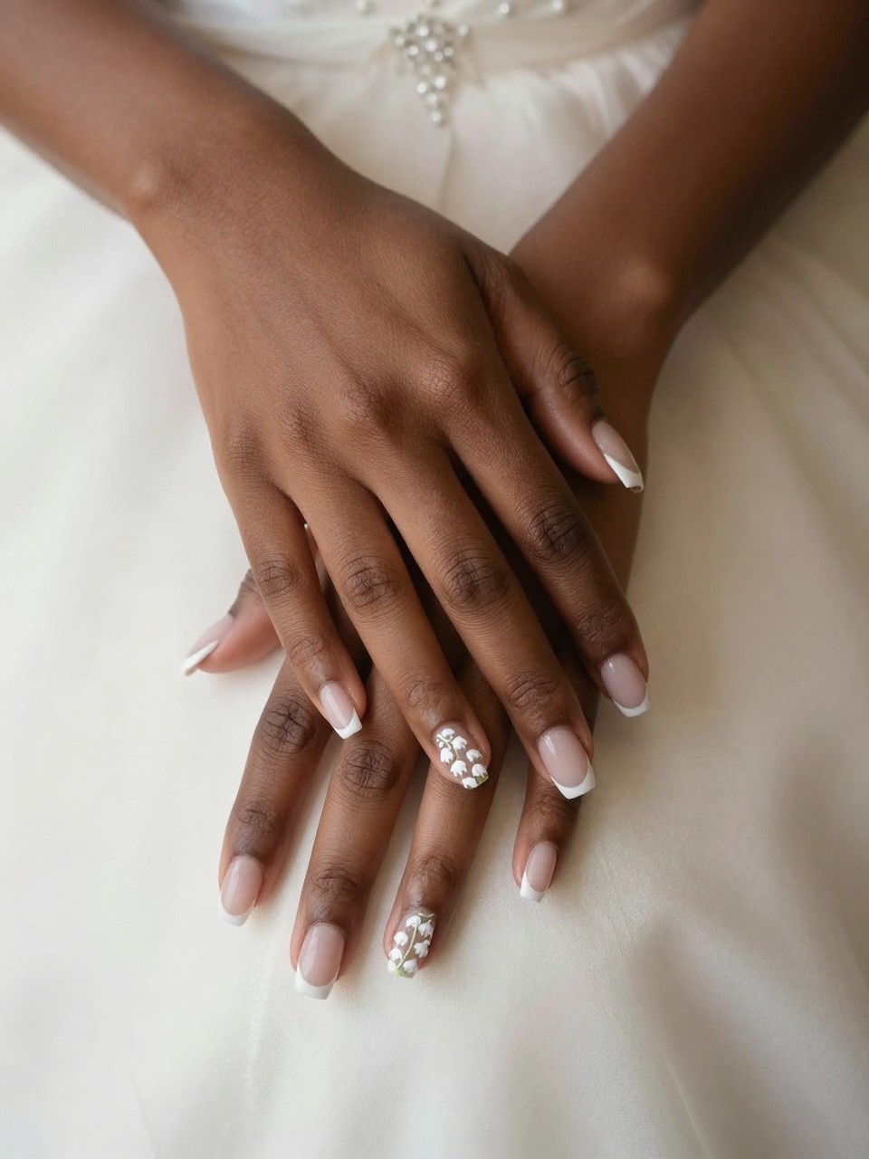 Close-up shot of a black feminine bride’s hands with a classic French manicure, resting on her ivory wedding gown. On the nail design, there is a line of impossibly small white lily of the valley blossoms is painted right at the border of the white tip of the nail design. The look is pristine and intricately detailed.