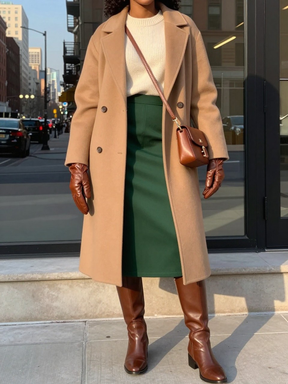 Photo of a black woman wearing a long camel wool coat over a cream sweater tucked into a forest green midi skirt with brown leather knee-high boots and a matching brown crossbody bag, holding leather gloves, standing in an elegant winter pose, cropped at NECK so face doesn't show, in a city apartment, evening golden hour, iPhone photo quality.