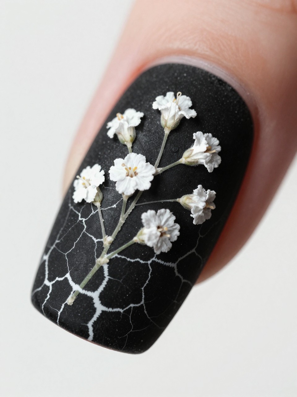 Macro, angled view of a nail. The base is black with a prominent white crackle texture, sealed matte. Delicate white baby’s breath flowers are painted over the texture. The look is beautifully decayed and artistic.