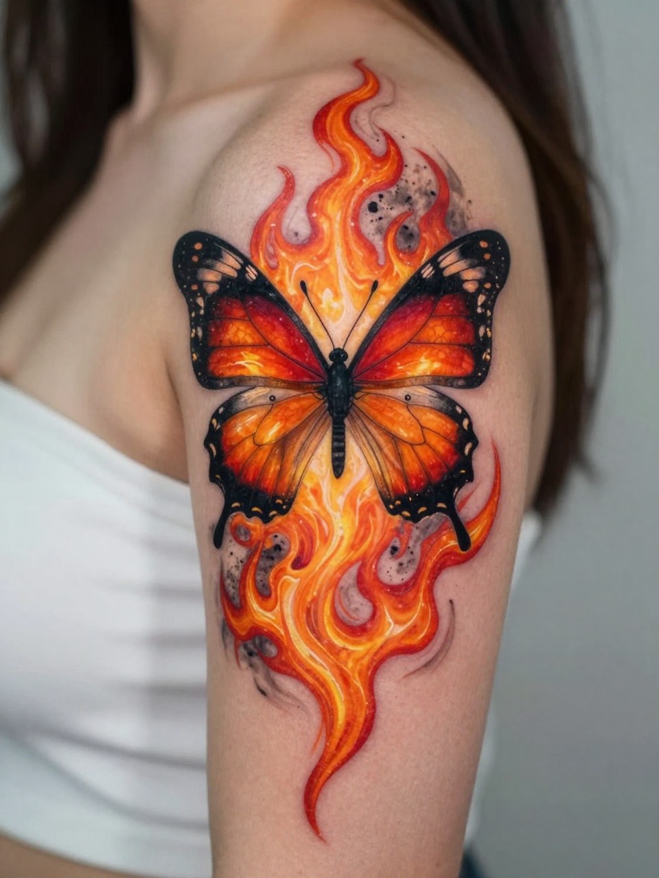 Shoulder section (Fire) tattoo: a butterfly with wings of swirling flame and ash, rendered in oranges, reds, and black. Appears to glow with ember-like highlights