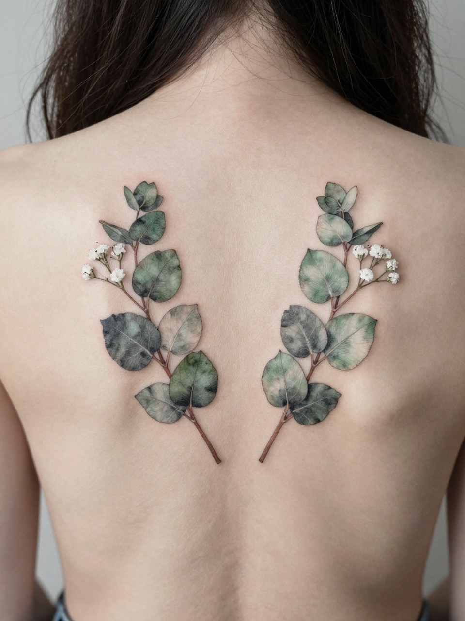 Upper back tattoo, symmetrical view: fine-line eucalyptus leaves and tiny baby’s breath florets mirroring each other from the spine. Soft grey-green and white accents."
