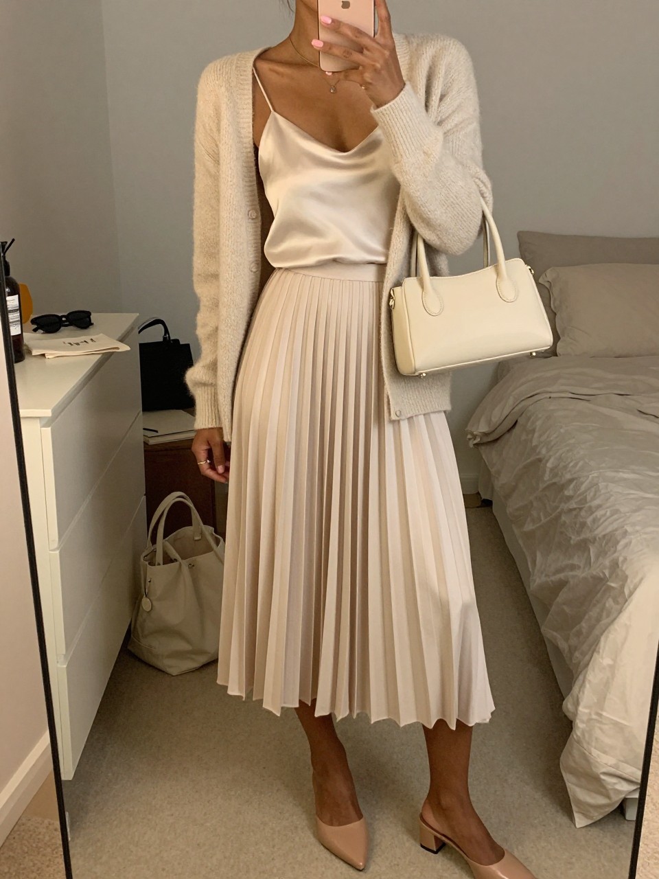 mirror selfie of a brown skinned woman wearing a champagne pleated midi skirt with an ivory satin cami and a soft beige light cardigan, nude heeled mules, and a cream mini shoulder bag, holding a phone in front of a mirror, cropped at NECK so face doesn't show, with a natural casual selfie pose, in a feminine-themed bedroom, warm moody lighting, including small lived-in details like a tote bag on the floor, sunglasses on a dresser, or soft bedding in the background, latest iPhone photo quality.
