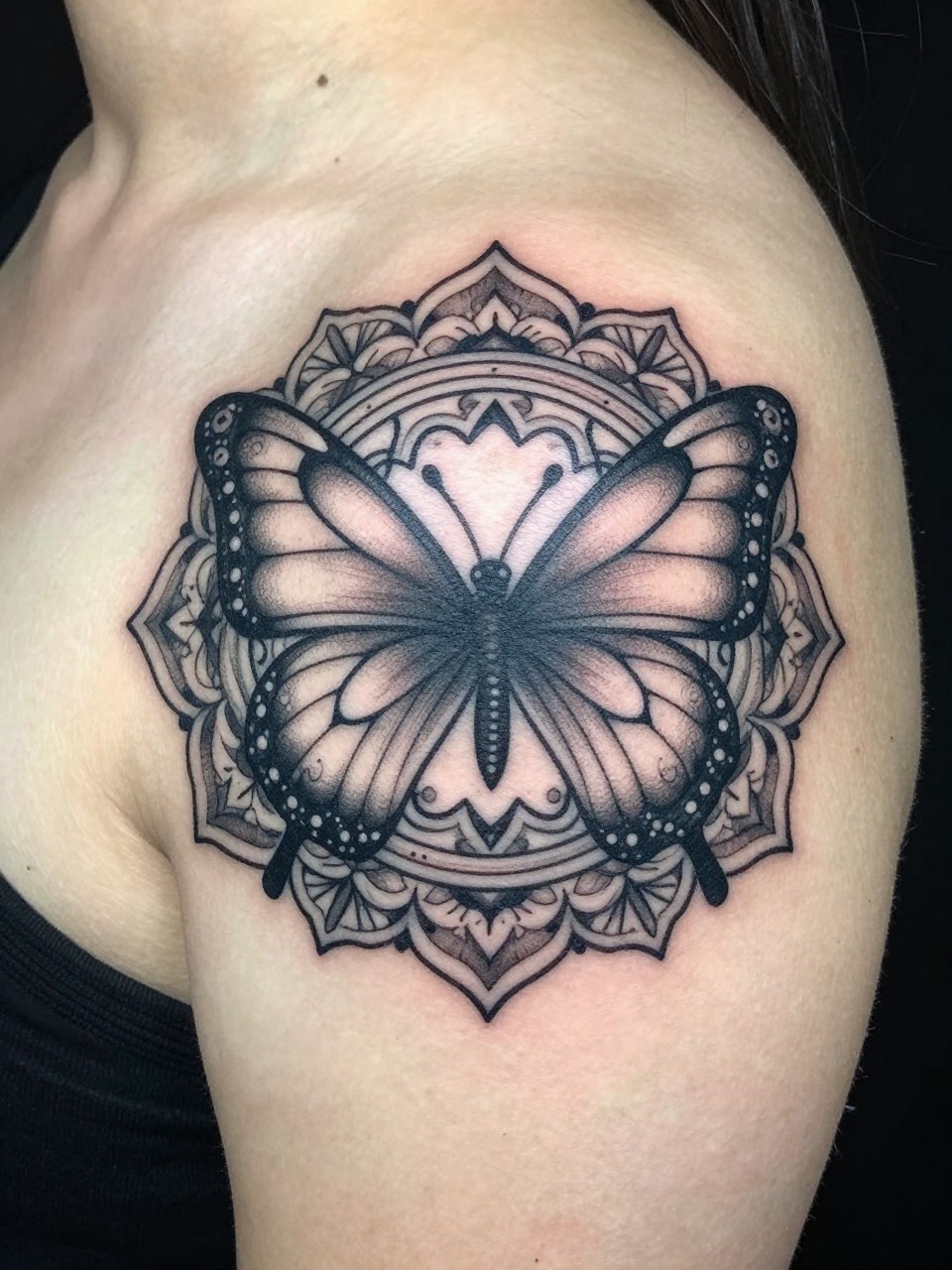 Top-down view of the shoulder tattoo: a circular mandala with a butterfly’s wings forming the outer rings of the design. Intricate, symmetrical linework."