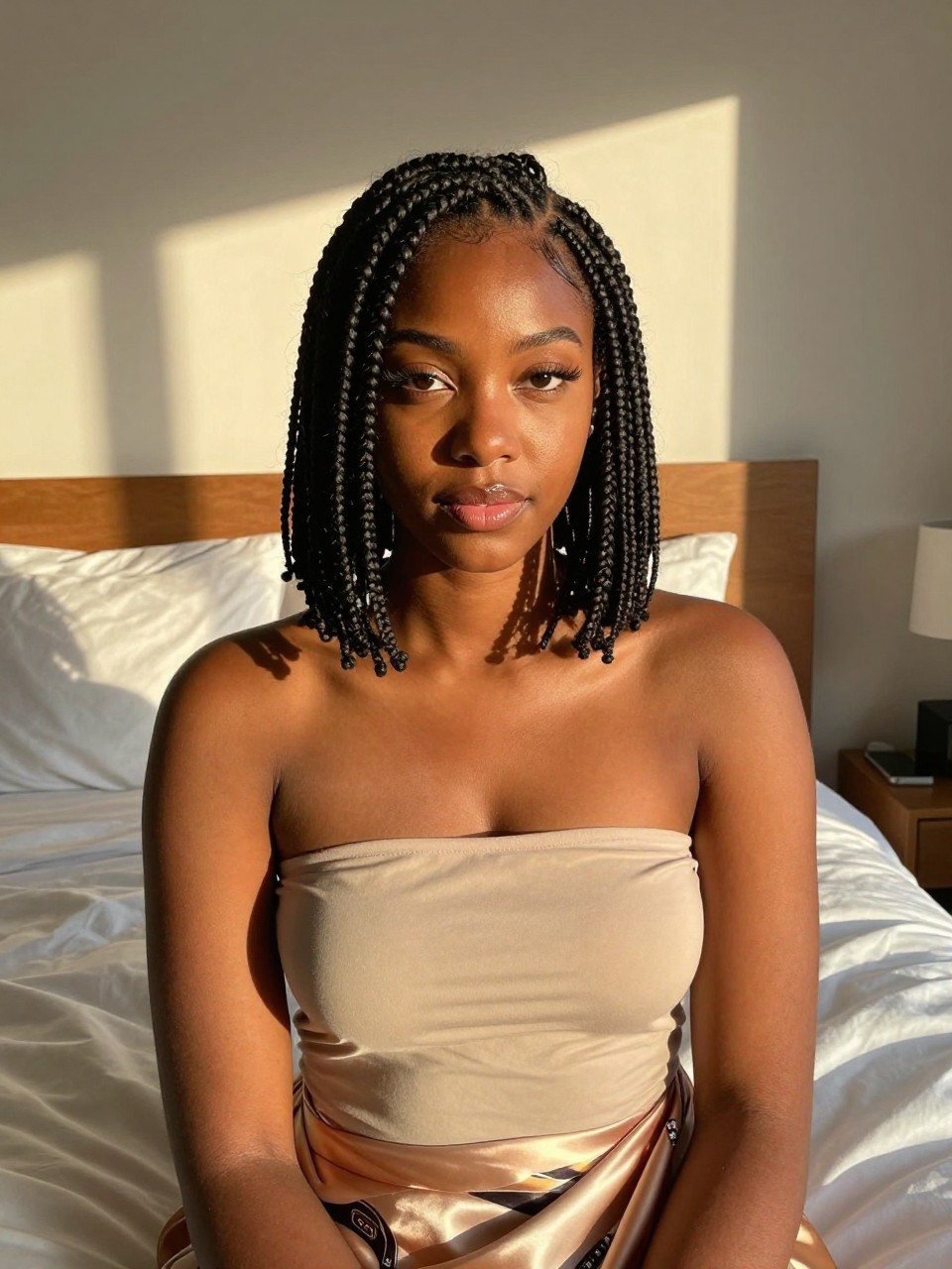 Photo of a black woman wearing a bob with front cornrows, front-facing view showing the braids sweeping back, setting is a sun-drenched bedroom with golden hour light, containing a satin scarf on her lap, iPhone photo quality.