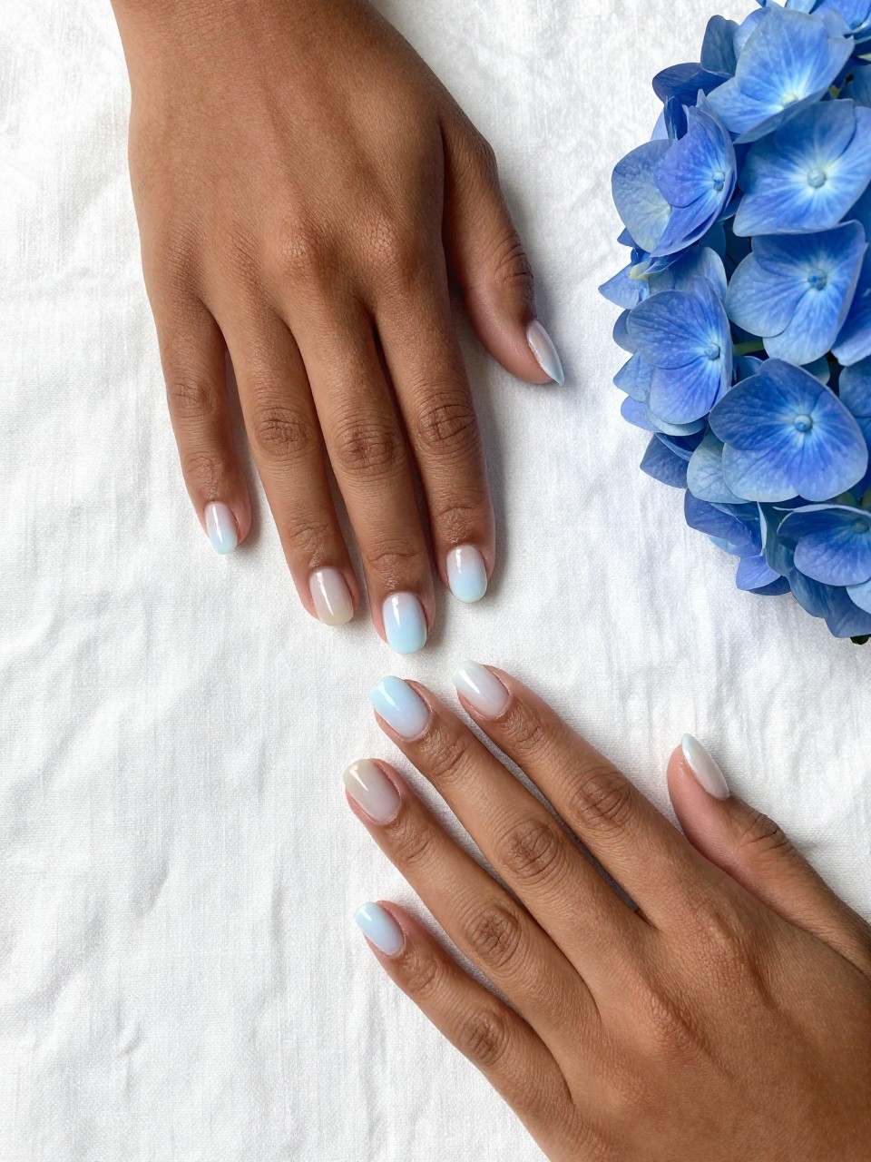 Bird's-eye view of blacj hands placed on a crisp, white linen tablecloth beside a blue hydrangea bloom. The short, rounded nails feature a vertical ombré from a milky baby blue base to a completely clear, glossy tip. The clean, bright light shows the delicate color fade.