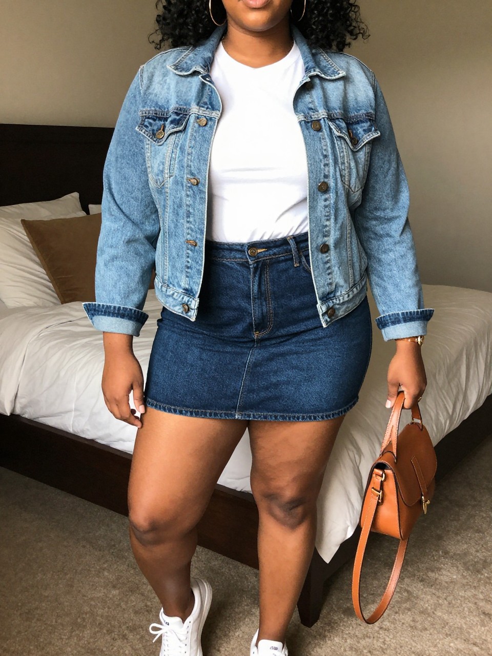 photo of a curvy black woman wearing a light-wash denim jacket over a white tee tucked into a dark-wash denim mini skirt with white sneakers and gold hoop earrings, holding a tan leather crossbody bag, standing in a confident pose, cropped at NECK so face doesn't show, in a feminine-themed bedroom, warm moody lighting, iPhone photo quality.