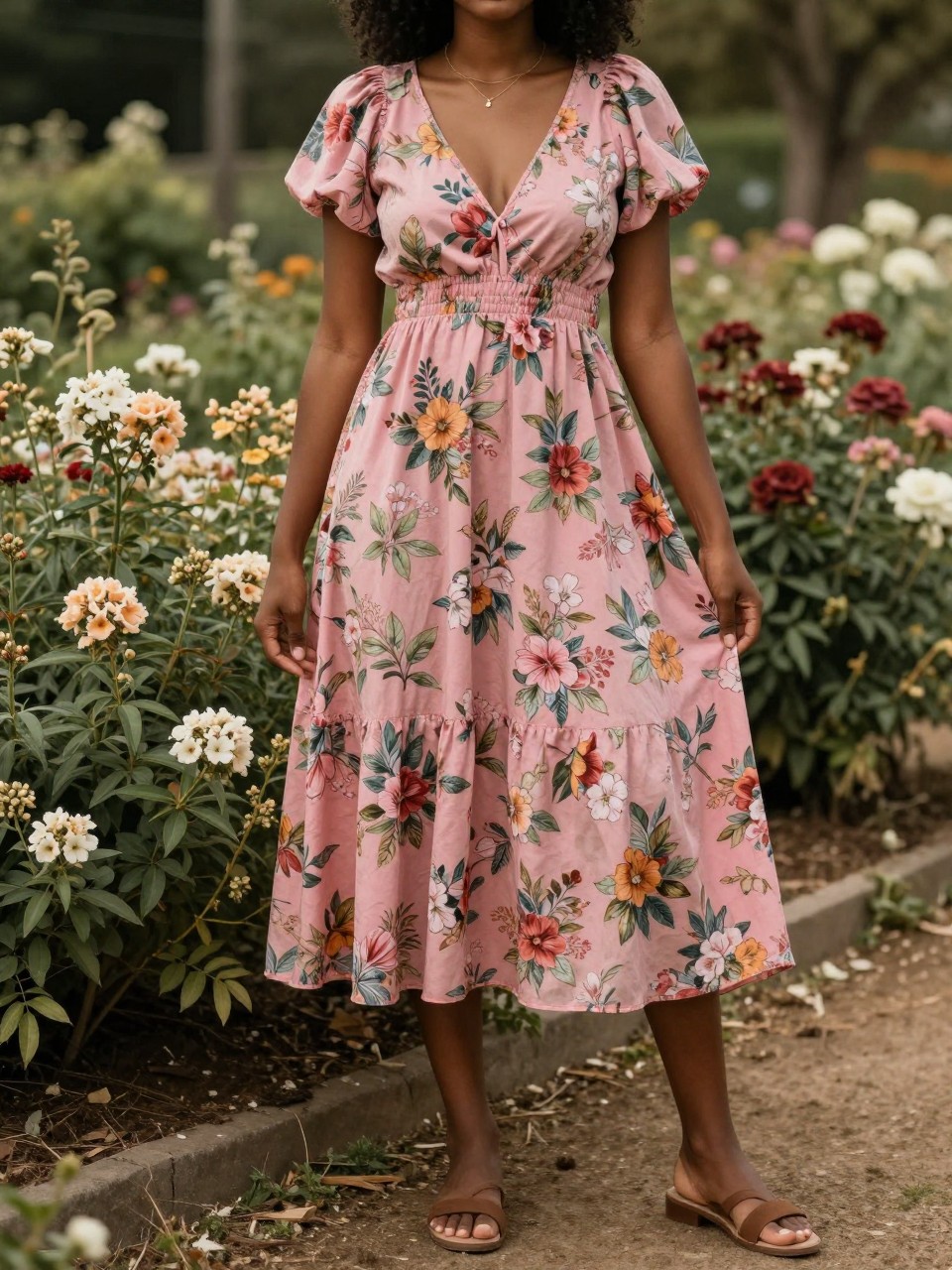 photo of a black woman in a pink floral dress and flat sandals, standing in a garden or park with blooming flowers, cropped at NECK so face doesn't show, at a winery, warm moody lighting, iPhone photo quality.