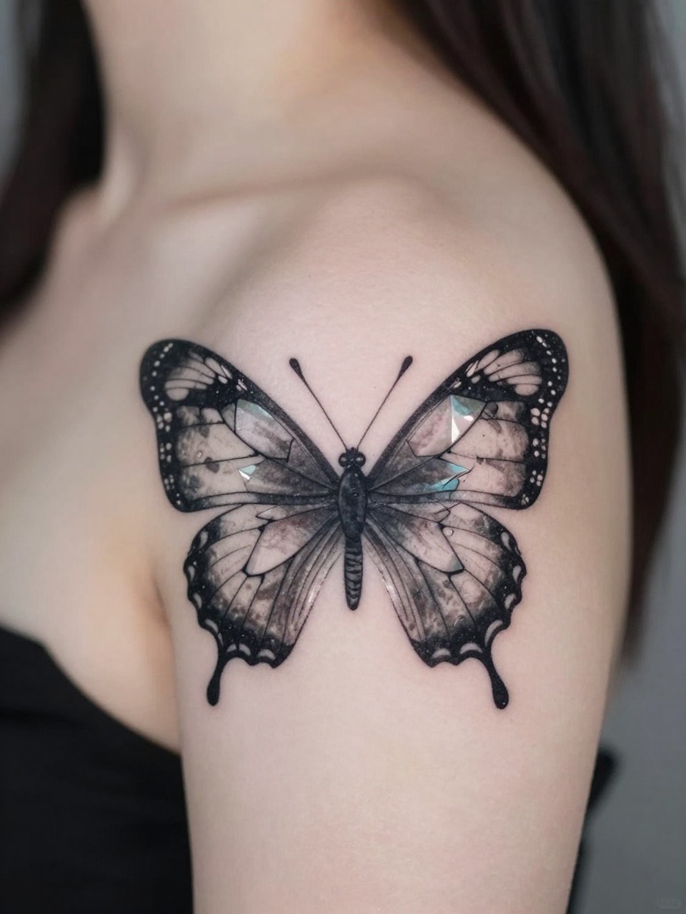 Shoulder close-up tattoo: a butterfly with one intact wing and one wing fragmented into geometric shards, as if made of glass."