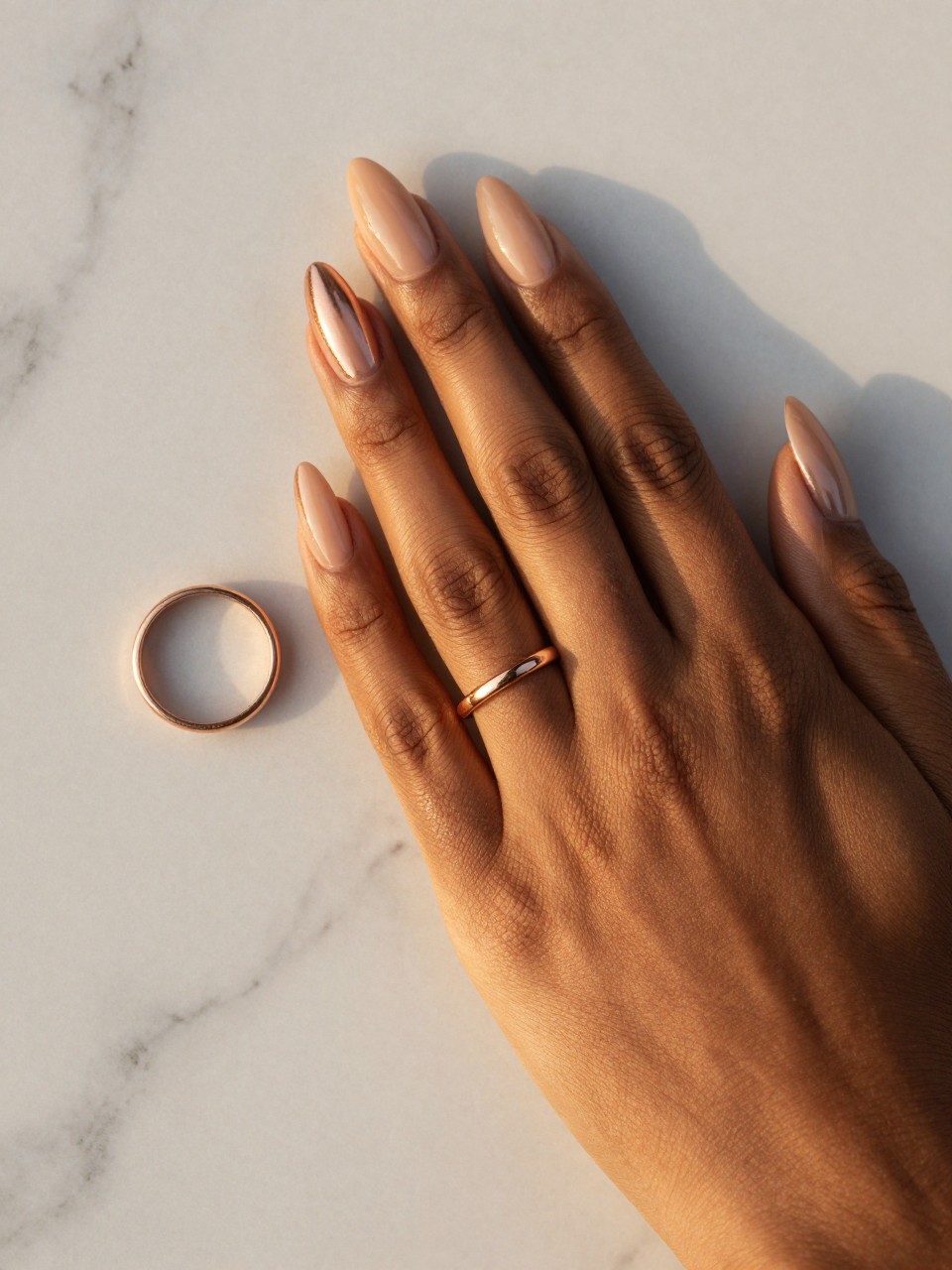Overhead shot of black feminine hands resting beside a simple rose gold wedding band on a marble surface. The almond nails showcase a flawless gradient from a warm beige nude to a shiny, metallic rose gold at the tips. Warm, golden-hour light enhances the metallic sheen.