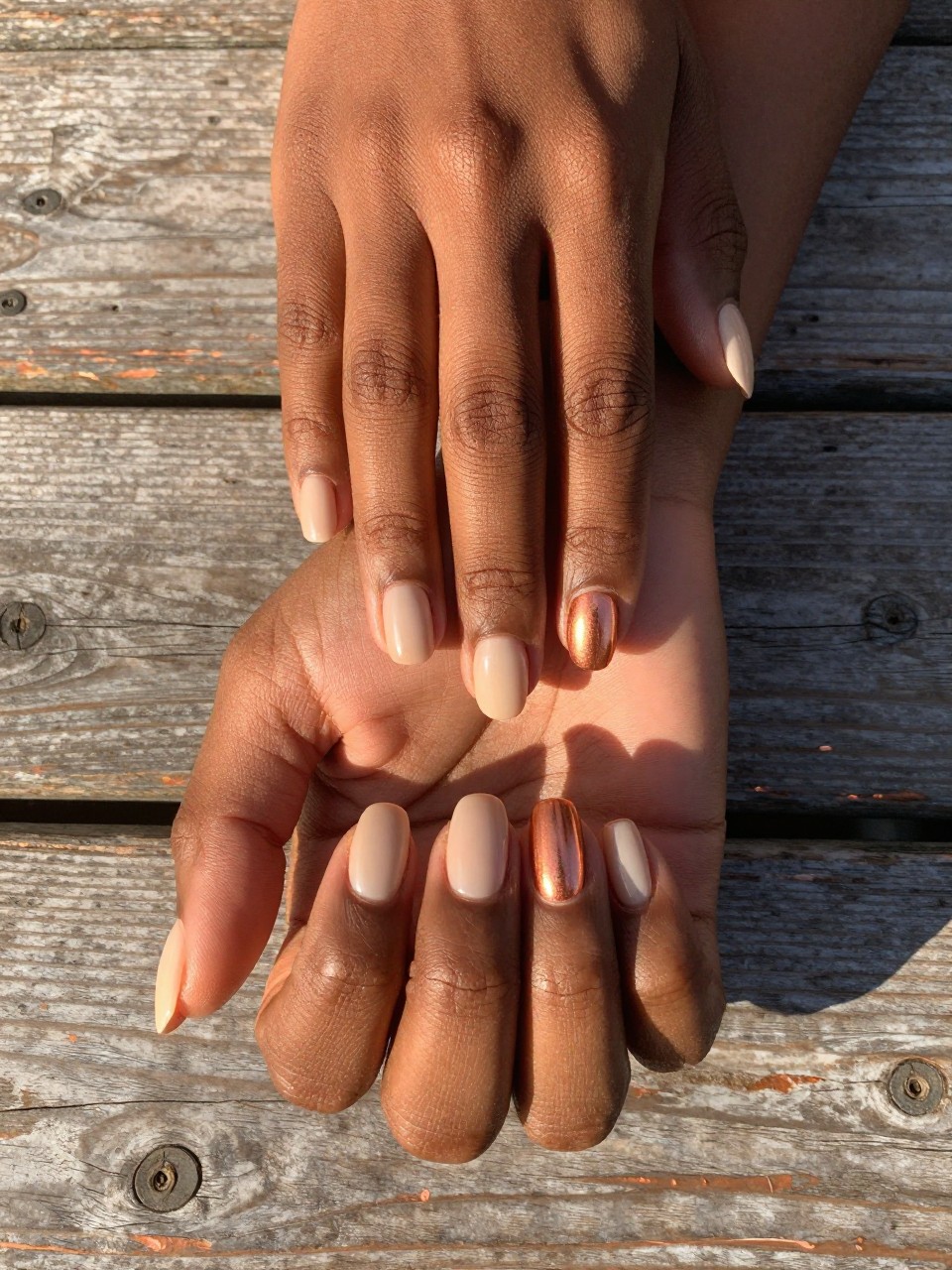 Overhead view of black feminine hands on a rustic wooden table with copper accents. The short, rounded nails feature an ombré from a sheer, glossy beige to a shiny, metallic copper at the fingertips. Late afternoon sun gives the copper a fiery glow.