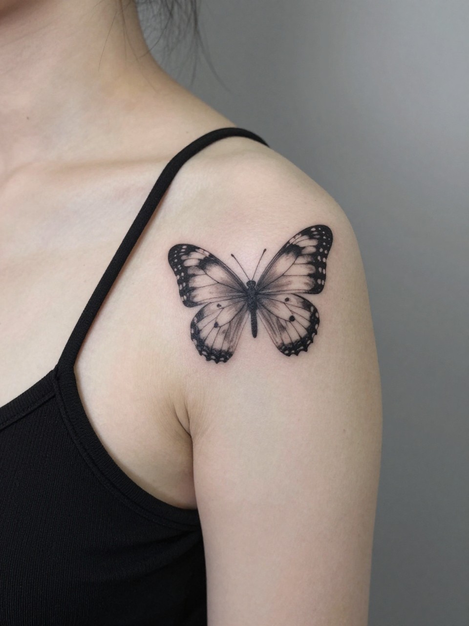 Shot from the side tattoo: a delicate butterfly tattoo positioned high on the shoulder, partially covered by a spaghetti strap.