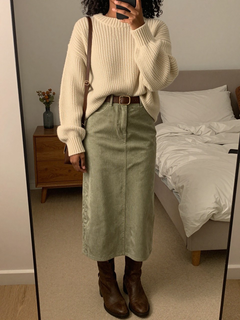 mirror selfie of a black woman wearing an oversized cream chunky sweater loosely tucked into a sage green corduroy midi skirt with a brown leather belt and matching brown ankle boots, holding a brown crossbody bag, standing in a cozy pose, cropped at NECK so face doesn't show, in a feminine-themed bedroom, warm moody lighting, iPhone photo quality.
