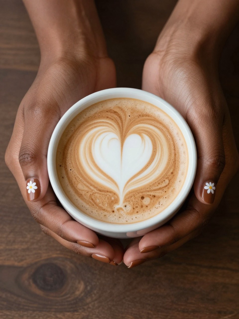 Bird's-eye view of black feminine hands with rounded nails curled around a warm latte mug. The nails are a matte cappuccino brown. Each nail features a simple white flower whose petals are arranged to form a heart shape. The mood is warm, sweet, and comforting.