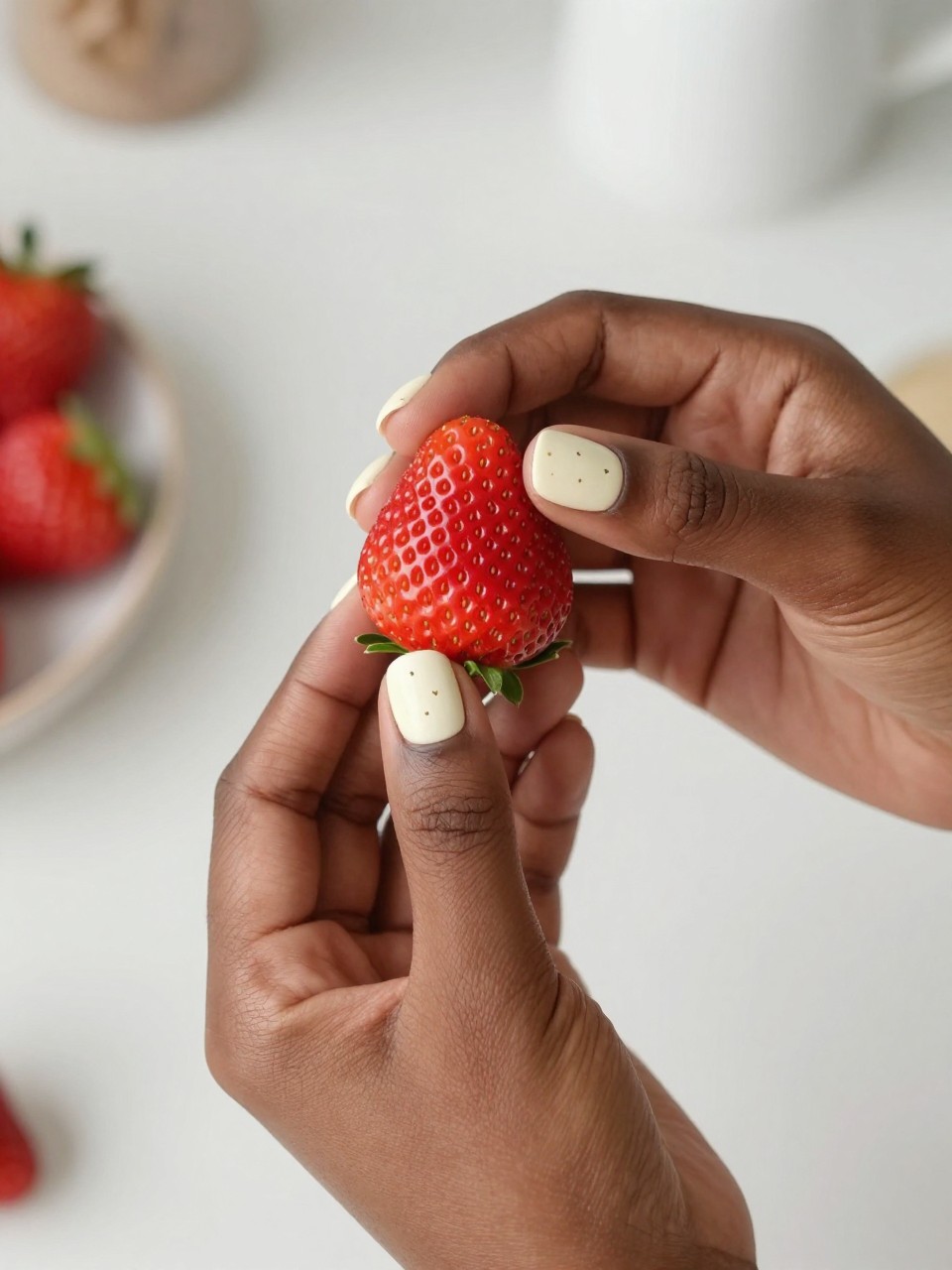 Overhead shot of black feminine hands with rounded nails holding a real strawberry. The nails are creamy white with little heart-shaped seeds and a green heart leaf at the base. The setting is a bright, cheerful kitchen.