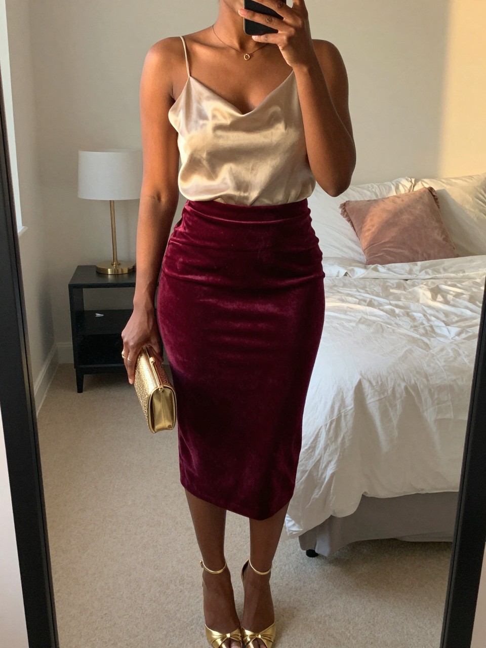 mirror selfie of a black woman wearing a gold silk camisole tucked into a maroon velvet pencil skirt with strappy gold heels, one hand holding a gold clutch at her side, cropped at NECK so face doesn't show, in a feminine-themed bedroom, evening golden hour, iPhone photo quality.