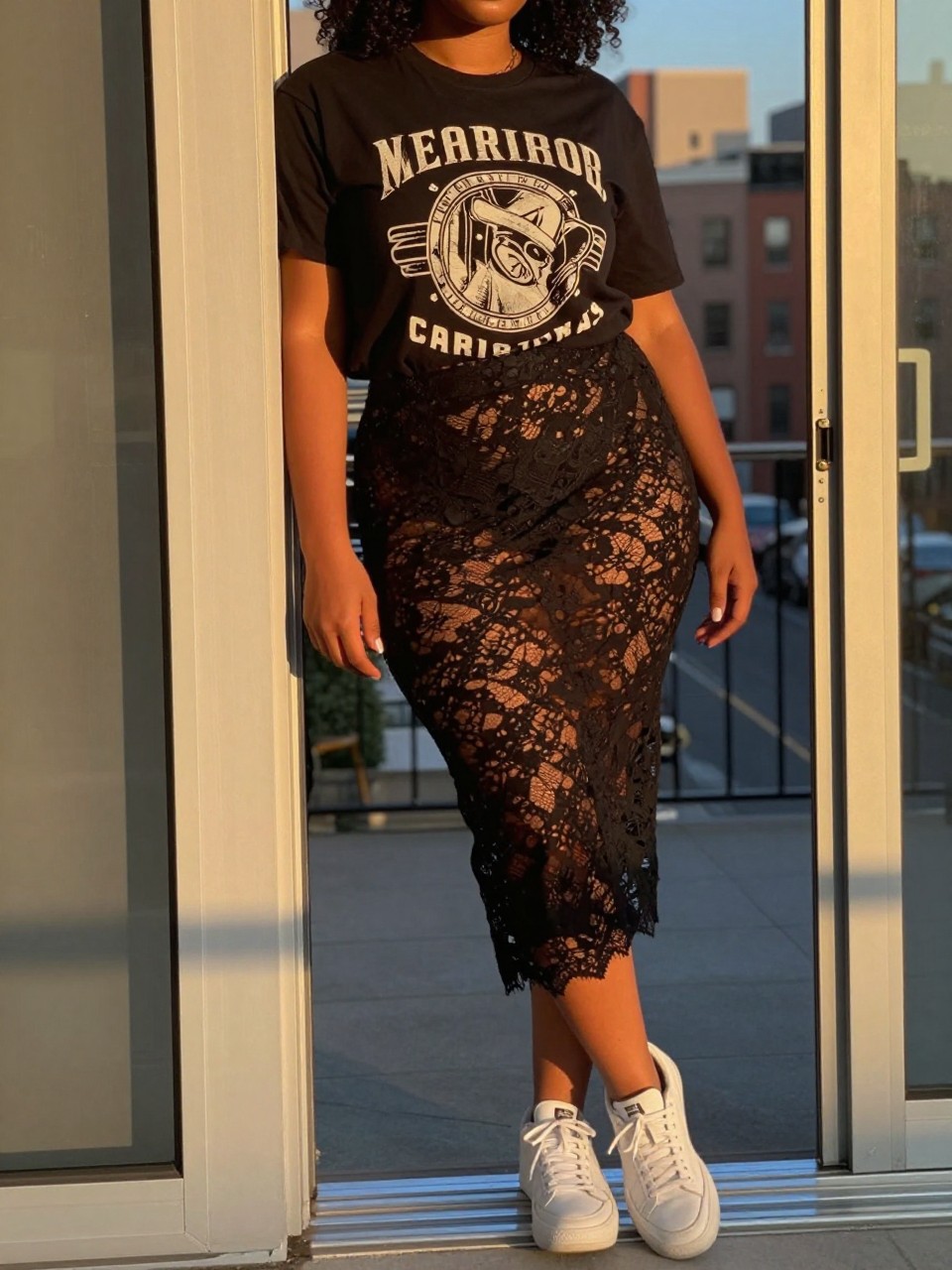 Photo of a curvy black woman in a black graphic tee and black lace skirt with white sneakers, casually leaning against a doorframe, cropped at NECK so face doesn't show, in a city apartment, evening golden hour, iPhone photo quality.