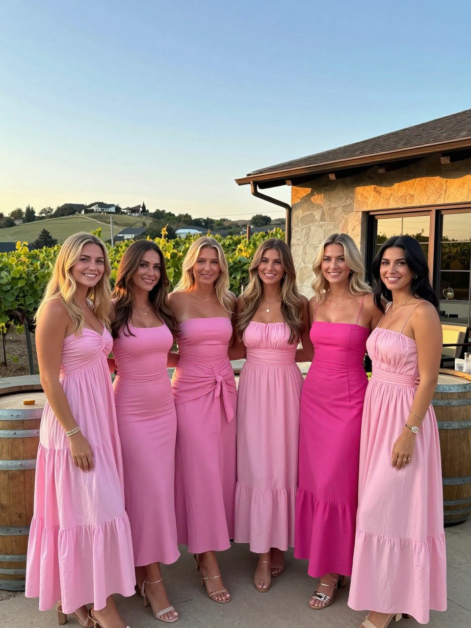 photo of a group of women in coordinating shades of pink dresses, standing together at a winery, restaurant, or scenic location, cropped at NECK so faces don't show, at a winery, evening golden hour, iPhone photo quality.