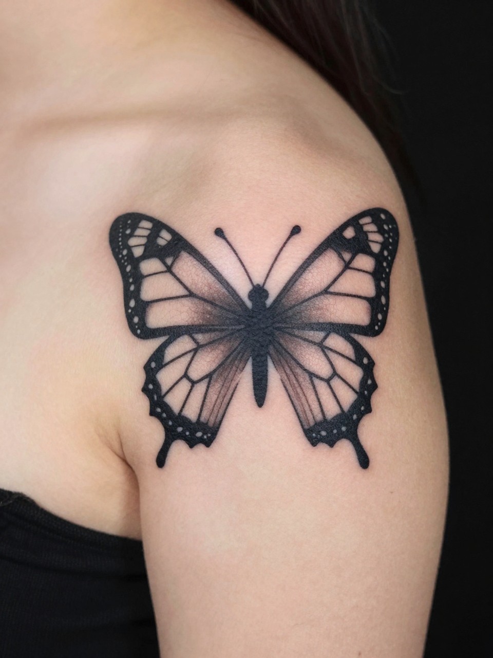 Detailed view of a shoulder tattoo: a butterfly composed of interlocking triangles and lines, inked in solid black. The geometric design aligns with the shoulder's natural contour."