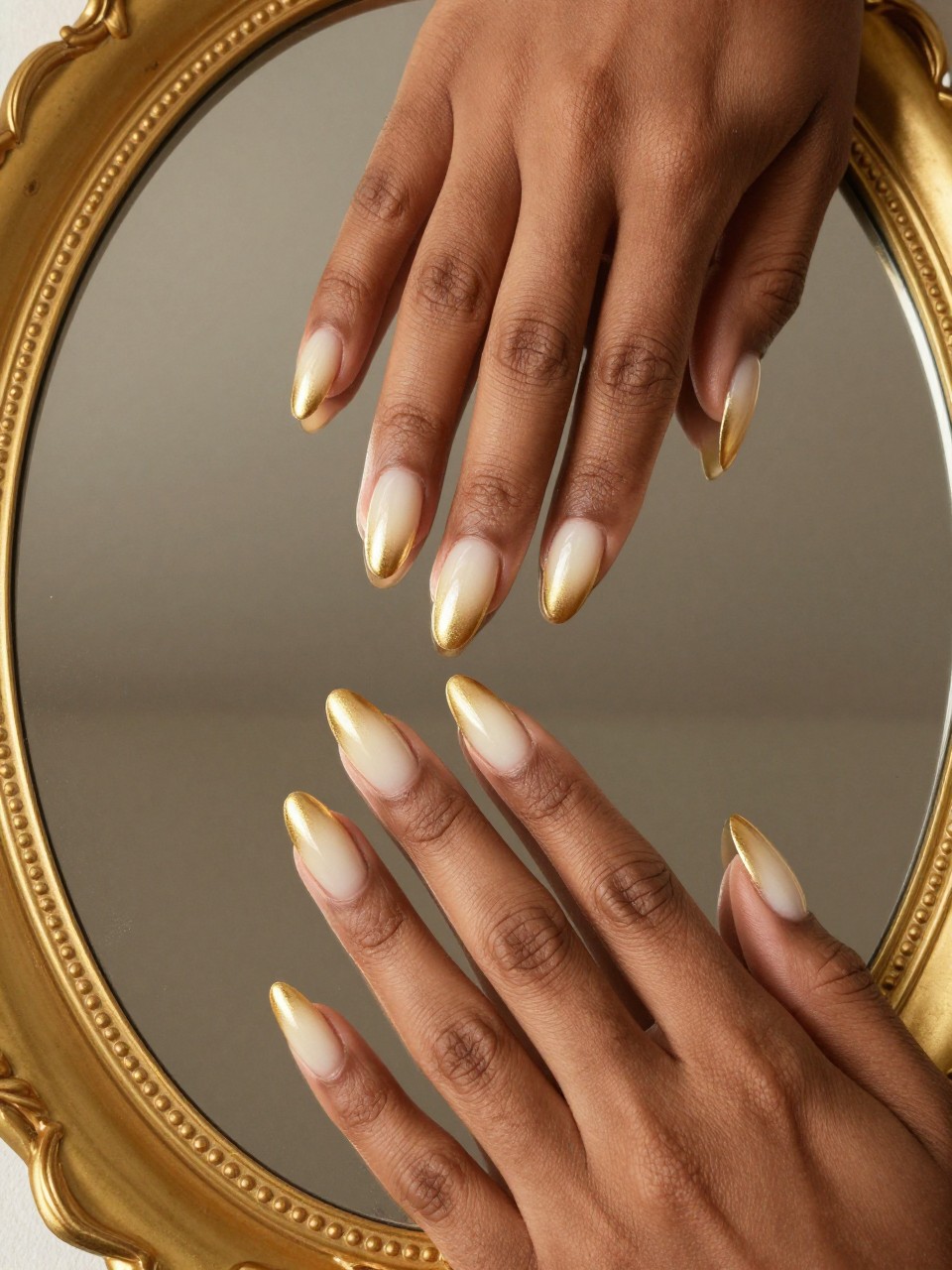 Top-down view of black feminine hands posed elegantly on a gold-rimmed vintage mirror. The nails are a medium almond shape. The ombré fades from an opaque ivory to a luxurious, bright gold at the tips. The reflective surface and warm lighting enhance the royal feel.
