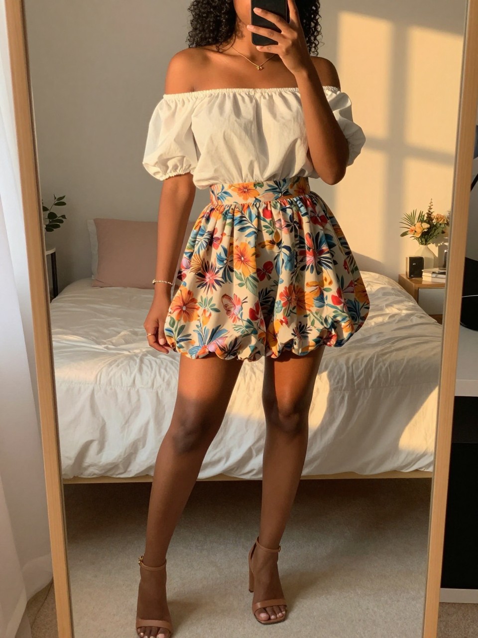 iPhone mirror selfie of a black woman in an off-the-shoulder top and a floral bubble skirt with block heel sandals, gently touching her hair, cropped at NECK so face doesn't show, in a feminine-themed bedroom, evening golden hour, iPhone photo quality.
