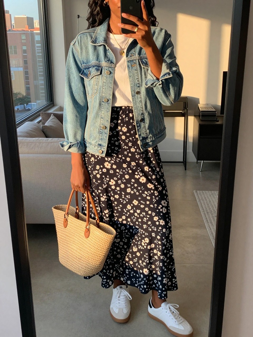 mirror selfie of a black woman wearing a light-wash denim jacket over a white tee tucked into a floral print maxi skirt with white sneakers and a straw tote bag, sunglasses perched on her head, standing in a casual elegant pose, cropped at NECK so face doesn't show, in a city apartment, evening golden hour, iPhone photo quality.