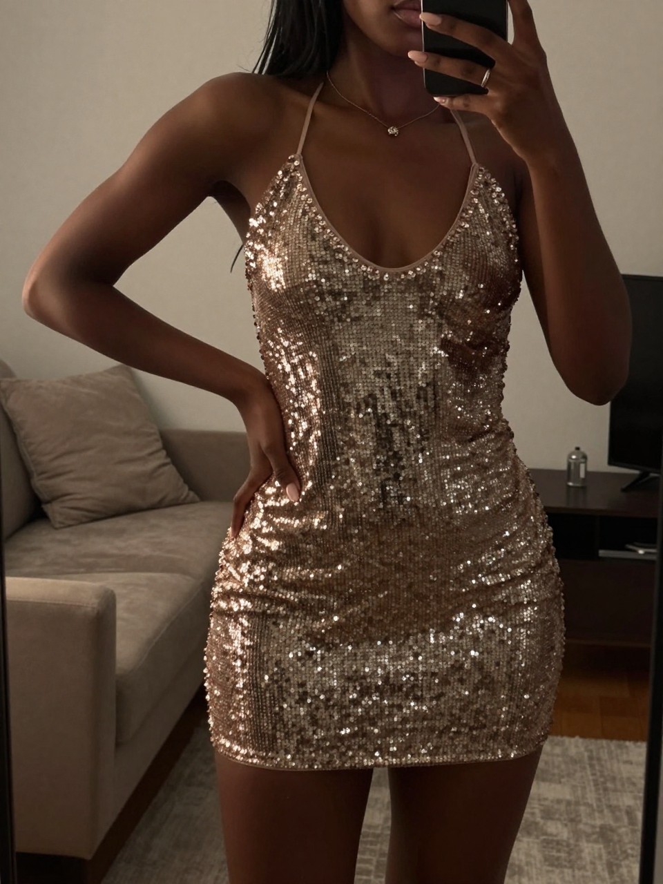 iPhone mirror selfie of a black woman in a sequin halter dress, posing with a hand on hip, cropped at NECK so face doesn't show, in a city apartment, warm moody lighting, iPhone photo quality.