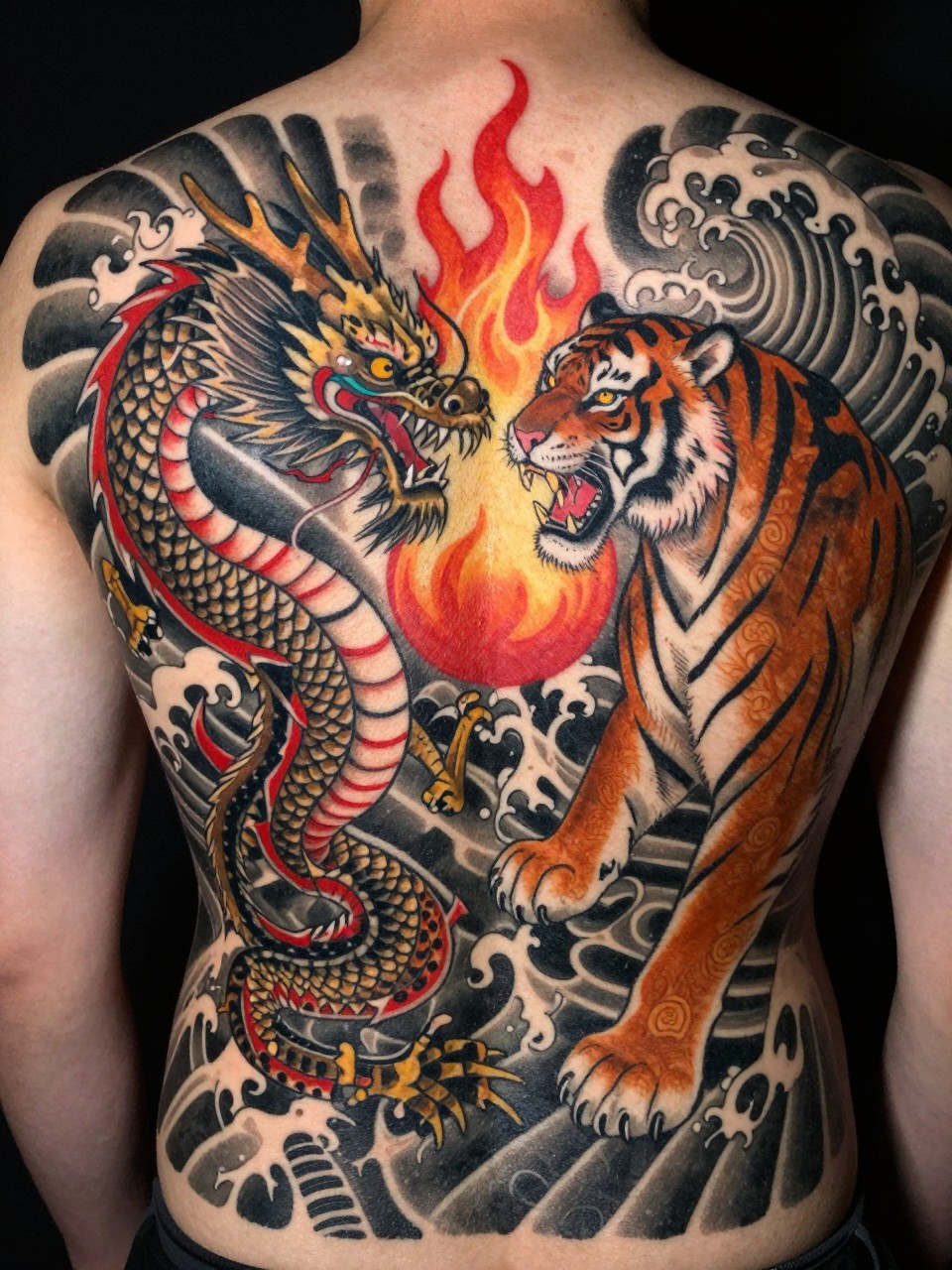 half back composition: A detailed, coiled dragon tattoo on the left side facing a prowling tiger on the right. A central flaming orb divides them. Traditional color palette of red, black, and gold, with wind bars and waves filling the background."