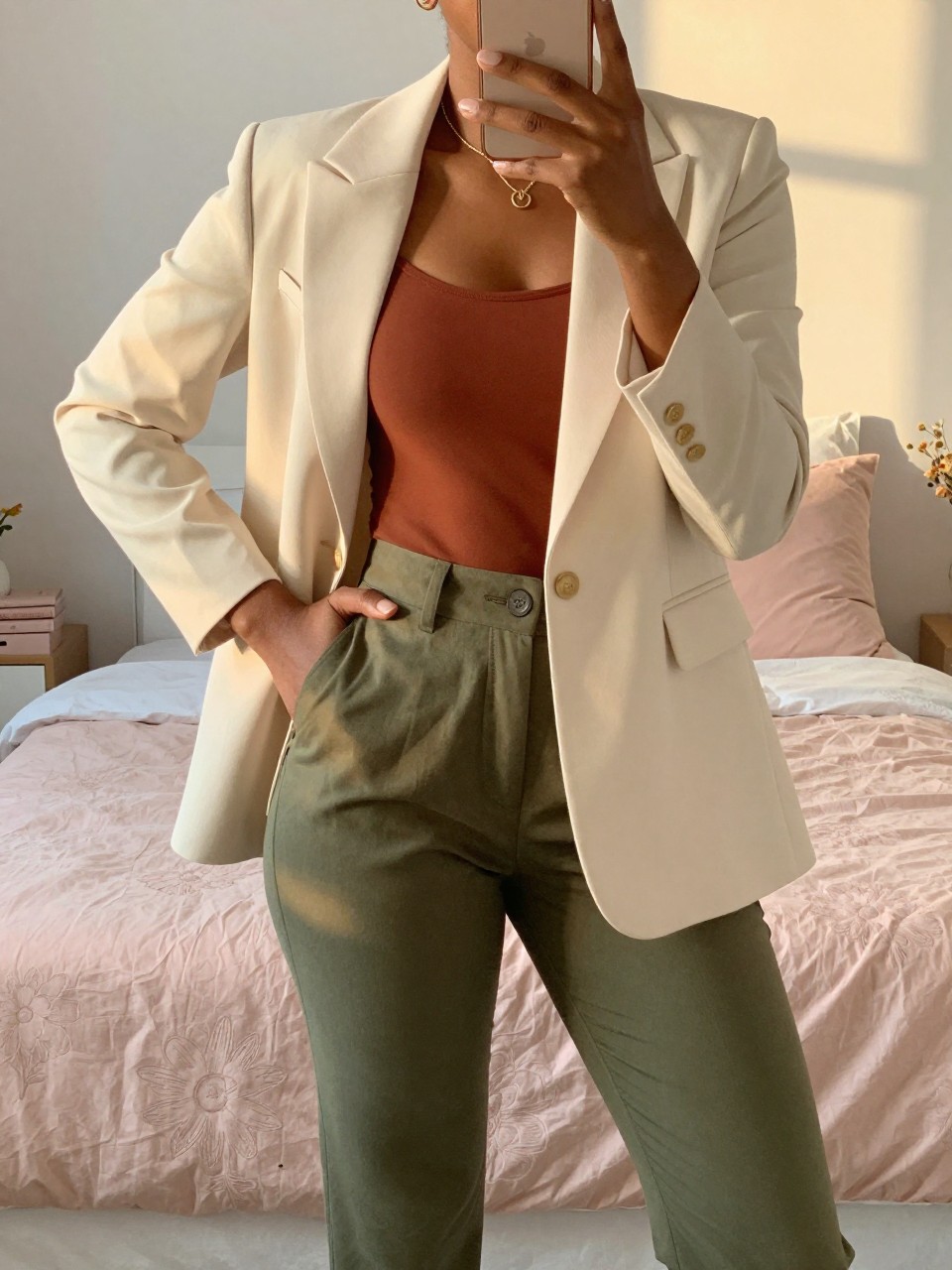 mirror selfie of a Black woman wearing olive trousers with a rust top and cream blazer, posed with one hand on her hip and phone in the other, cropped at NECK so face doesn't show, in a bright feminine-themed bedroom, evening golden hour light, iPhone photo quality.