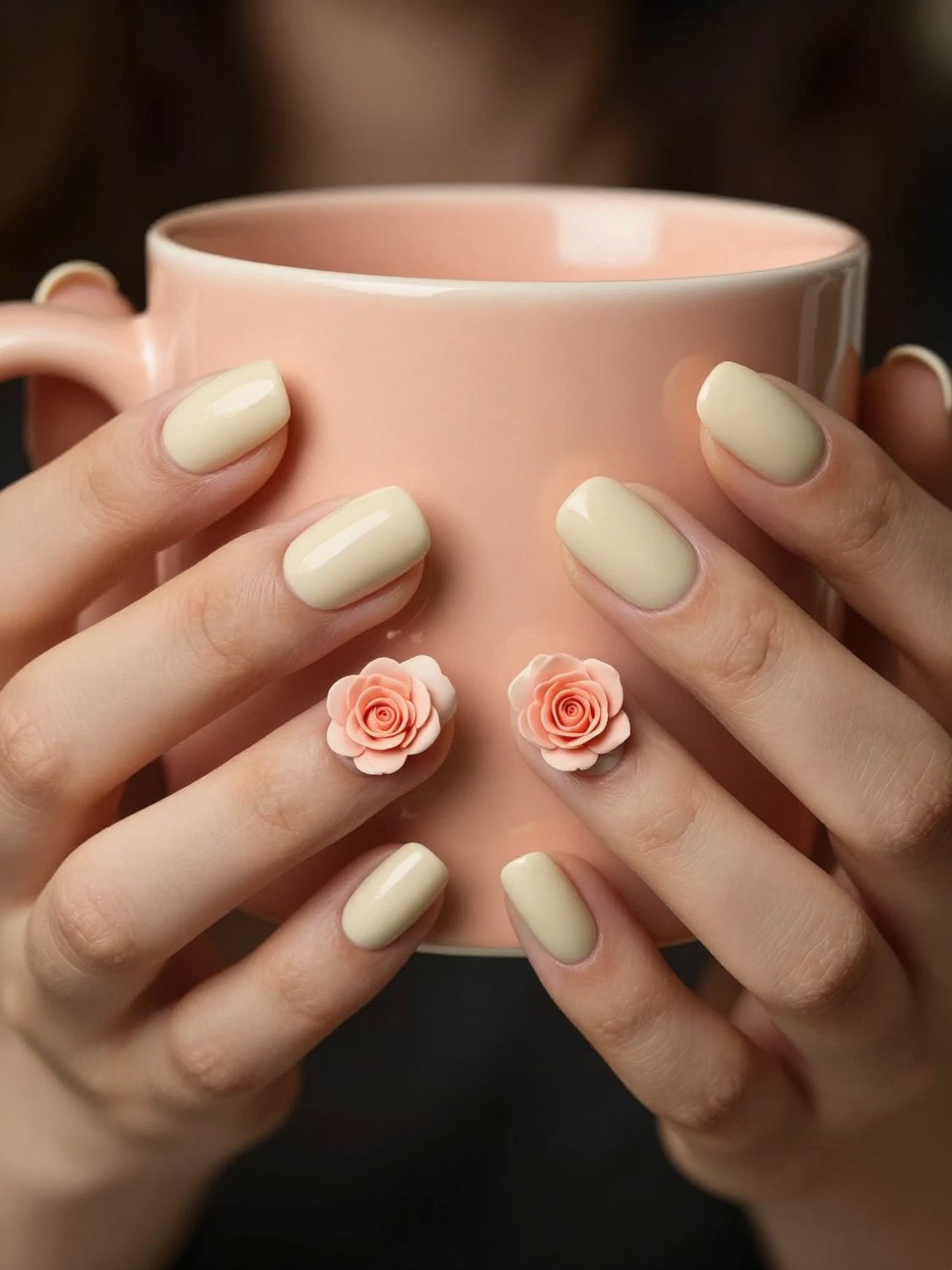 Overhead view of hands with oval nails lightly touching a peach-colored ceramic mug. The nails are a matte vanilla cream. Each ring finger features a single, meticulously painted peach rose with subtle depth. The lighting is warm and inviting.