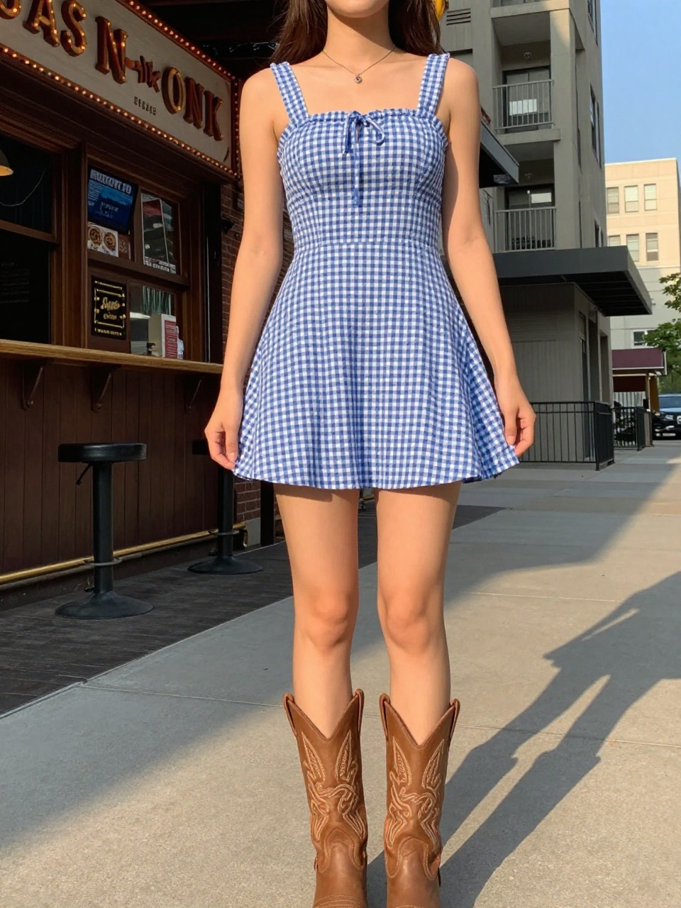 photo of a woman in a gingham mini dress and cowboy boots, standing outside a honky-tonk or bar, cropped at NECK so face doesn't show, in a city apartment, evening golden hour, iPhone photo quality.