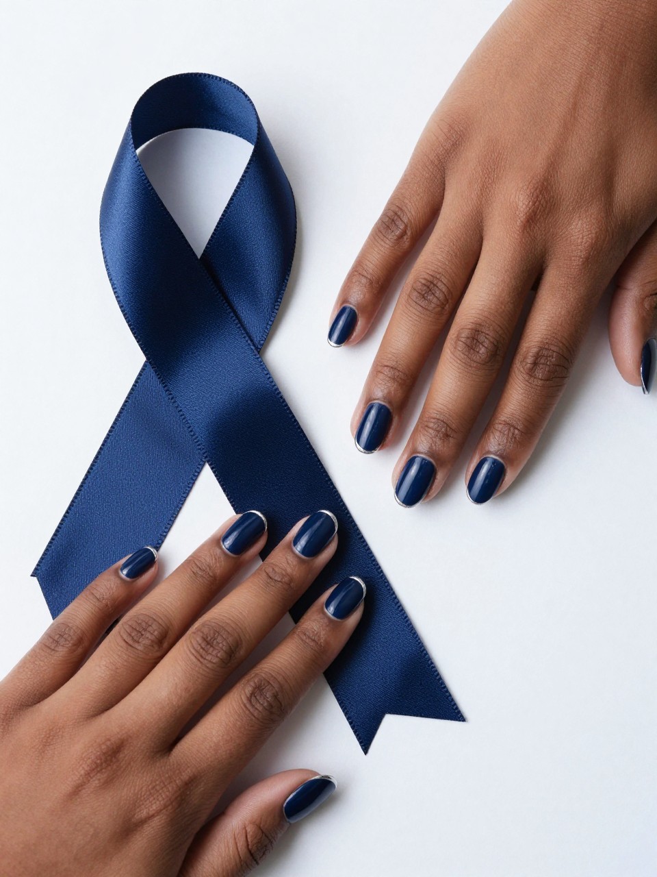 Top-down view of black feminine hands are laid gently beside a navy blue silk ribbon. The nails are oval and painted a deep, glossy navy. A hair-thin line of bright metallic silver defines the very edge of each tip. The lighting is cool and crisp.