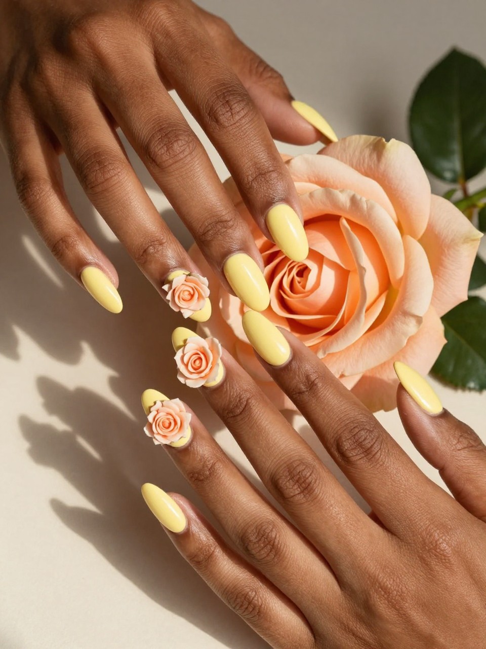 Bird's-eye view of black feminine hands with almond nails lightly touching a peach rose. The nails are a matte butter yellow. Each nail design features a single, meticulously painted peach rose. The setting is warm and sunlit, full of gentle light.