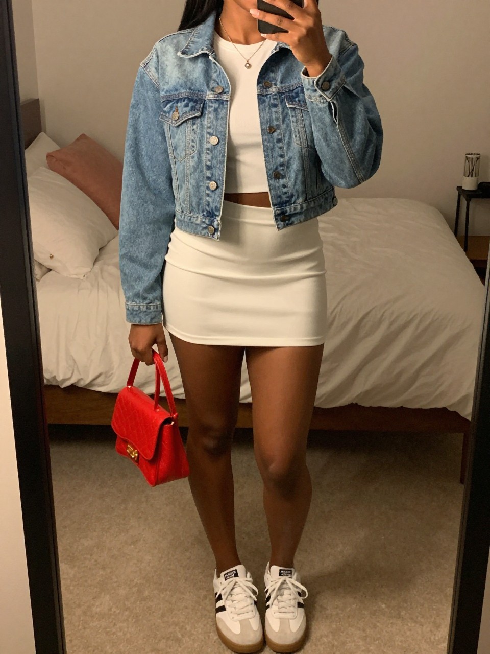 mirror selfie of a black woman wearing a cropped light-wash denim jacket over a white tee tucked into a white mini skirt with white sneakers, holding a small red bag, standing with one foot forward, cropped at NECK so face doesn't show, in a feminine-themed bedroom, warm moody lighting, iPhone photo quality.
