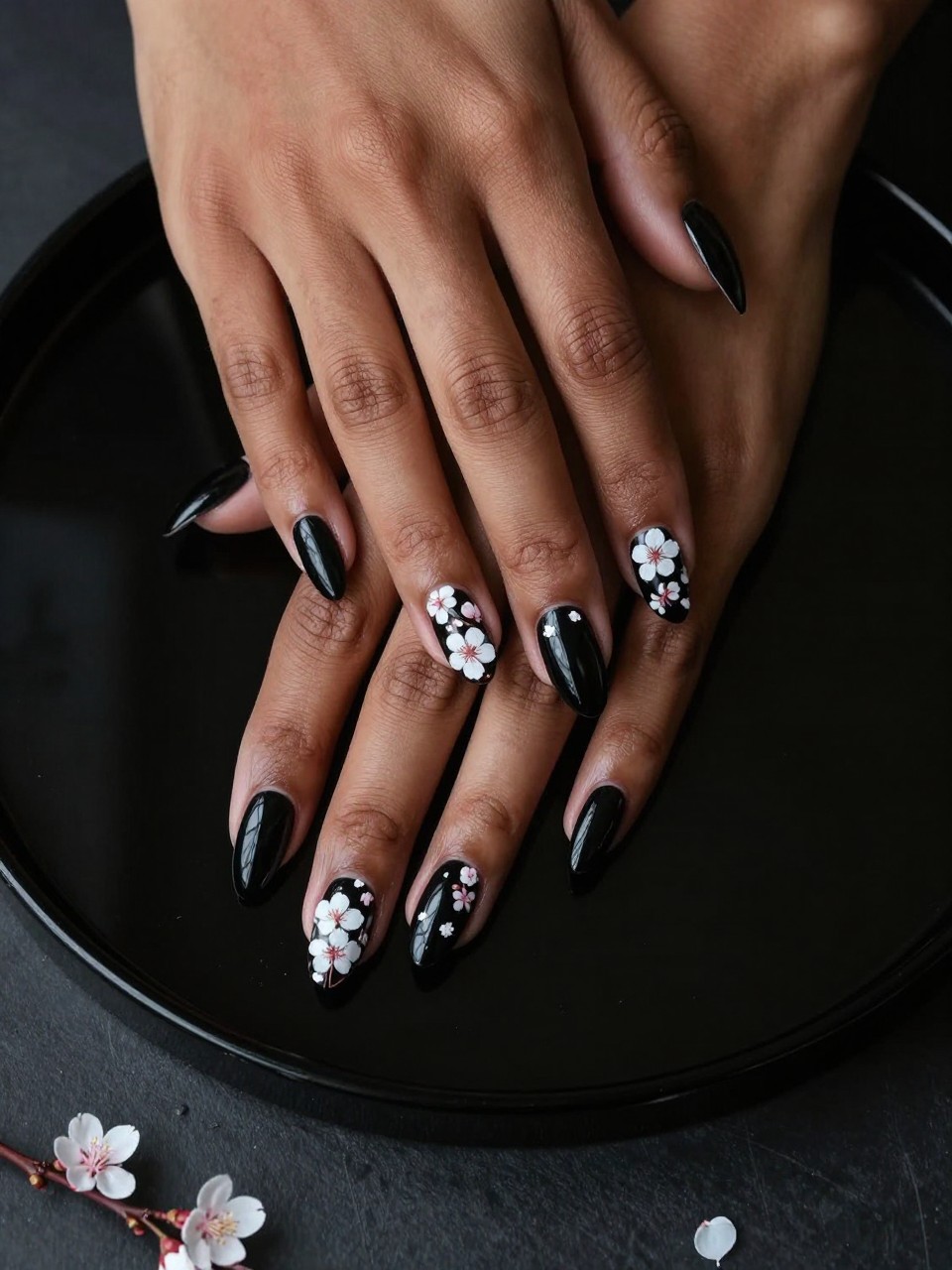 Overhead shot of black feminine hands with almond nails resting on a black lacquer tray. The nails are a high-gloss black. Delicate white cherry blossom branches with subtle pink centers are painted across each nail. The scene is serene and elegant.