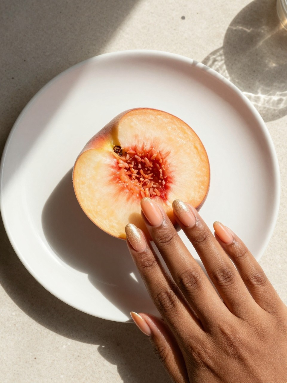 Top-down view of black feminine hands holding a slice of peach on a porcelain plate. The oval nails show a smooth blend from a soft peach at the base to a glittering, pale gold-champagne at the tips. Sunlight from a window creates a warm, delicious glow.