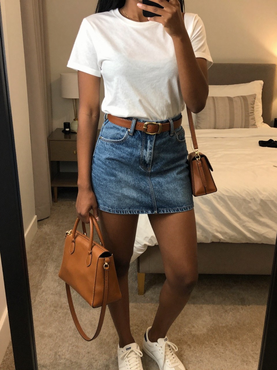 mirror selfie of a black woman wearing a white crewneck t-shirt tucked into a classic mid-wash denim mini skirt with a brown leather belt and white sneakers, holding a tan leather crossbody bag, standing in a relaxed pose, cropped at NECK so face doesn't show, in a feminine-themed bedroom, warm moody lighting, iPhone photo quality.