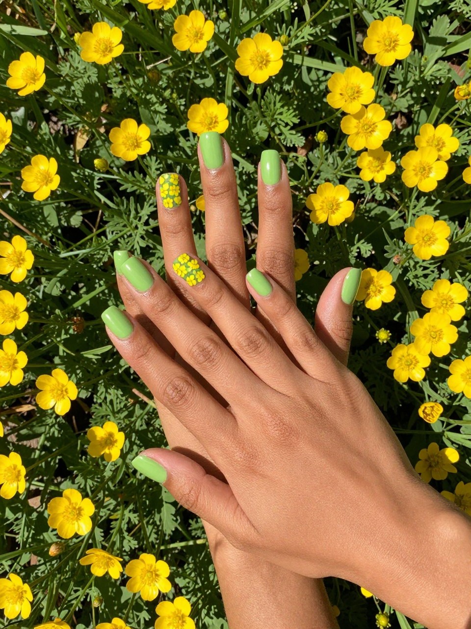 Overhead view of black feminine hands with short nails resting in a field of buttercups. The nails are a matte celery green. Clusters of simple yellow buttercup flowers are painted on each nail. The scene is brilliantly sunny and bursting with simple joy.