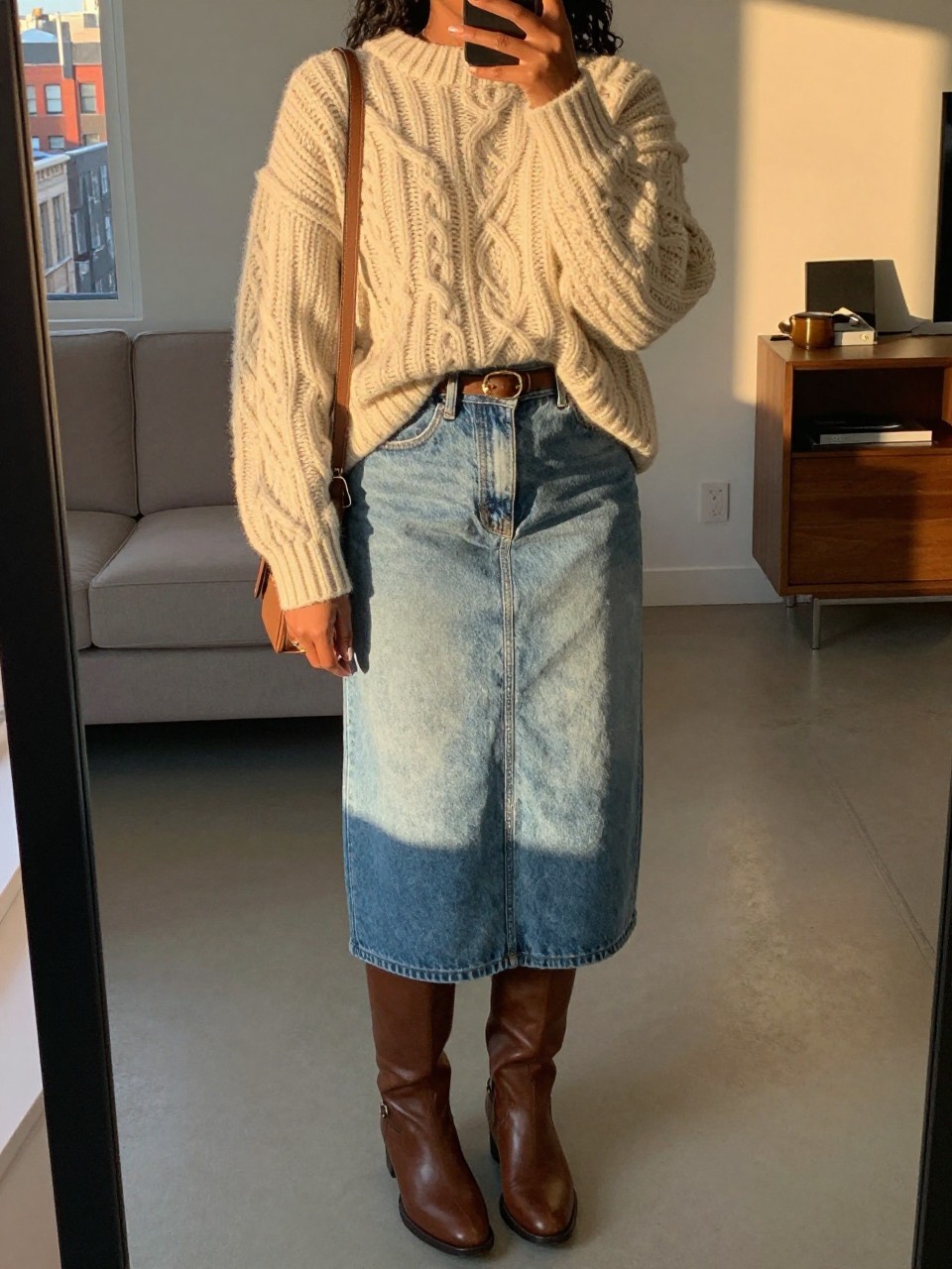 mirror selfie of a black woman wearing an oversized cream chunky cable-knit sweater loosely tucked into a light-wash denim midi skirt with brown leather knee-high boots and a thin brown belt, holding a brown crossbody bag, standing in a cozy fall pose, cropped at NECK so face doesn't show, in a city apartment, evening golden hour, iPhone photo quality.