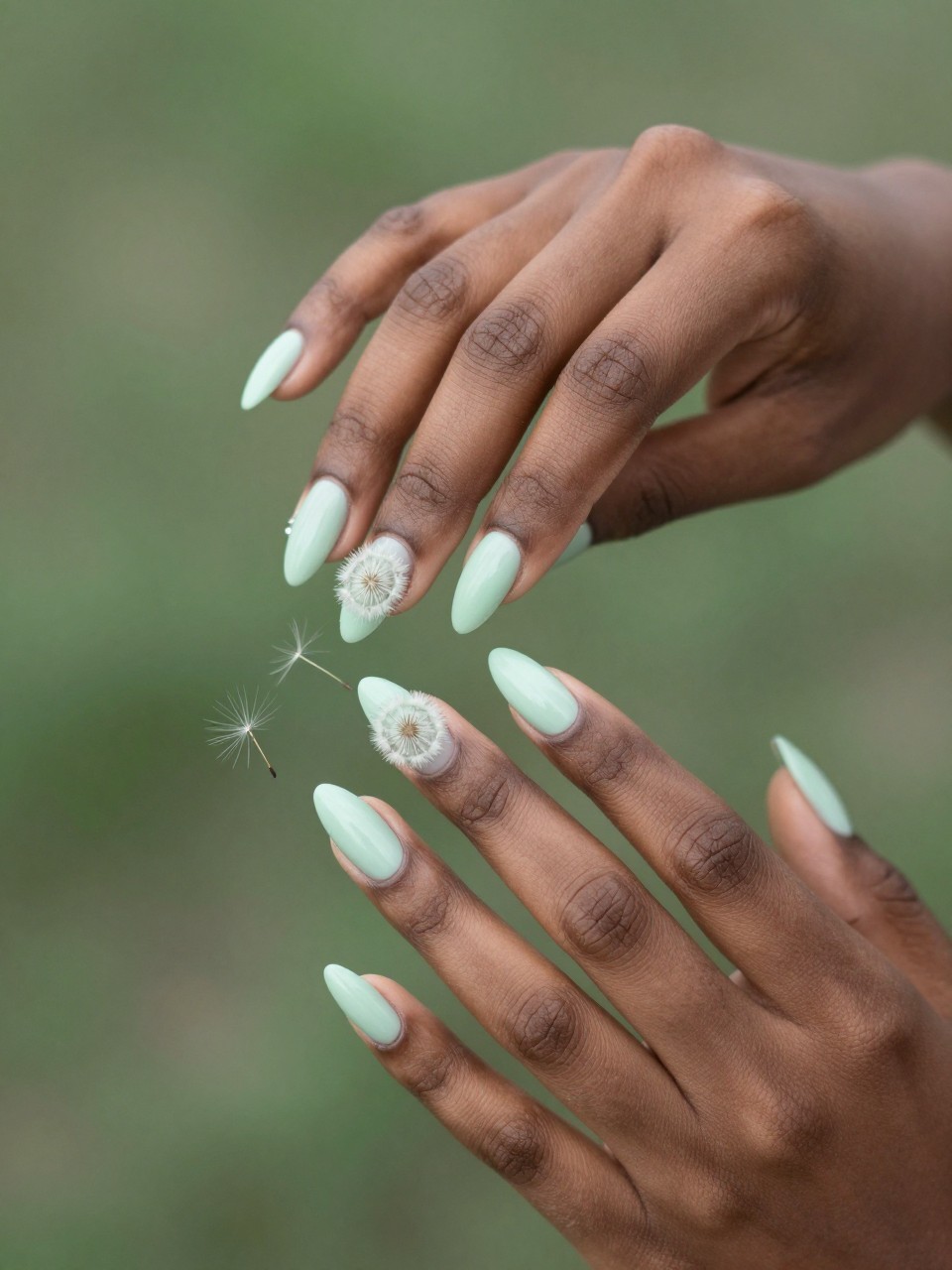 Overhead shot of black feminine hands with almond nails against a soft-focus green background. The nails are a pale pastel green. A delicate dandelion puff is painted on each nail, with a few white seed lines drifting off the edge. The mood is soft, poetic, and light.