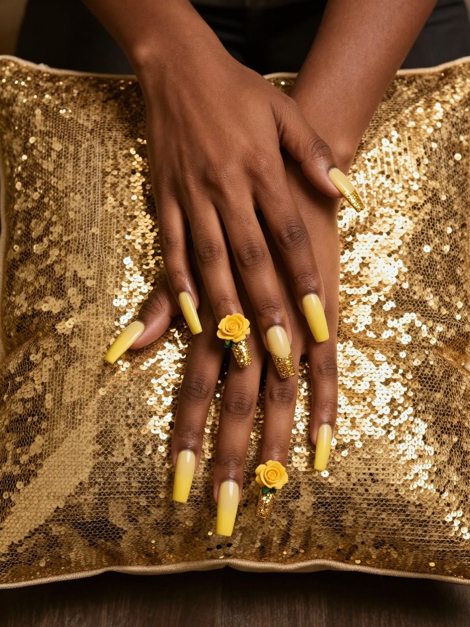 Overhead view of black feminine hands with coffin nails resting on a sequined gold pillow. The nails have a pale yellow base with a gold glitter gradient tip, there is also a single, detailed yellow rose decal sits on the glittery part of each ring finger. The mood is festive.
