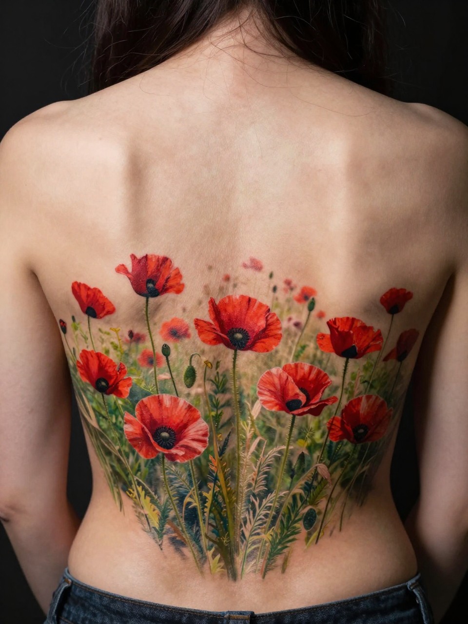 Lower back panorama tattoo: a field of red poppies with stems bent as if by wind. The composition uses the natural curve of the back to create depth and perspective in the field."