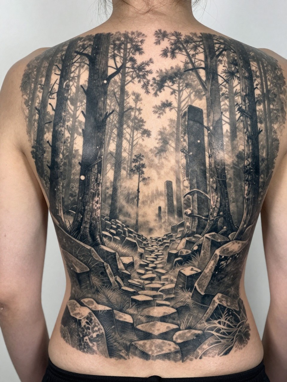 Full back landscape tattoo: A forest of gigantic, textured stone pillars (like Giant's Causeway) receding into mist. The composition uses the spine as a central path. Textured grey and beige shading."