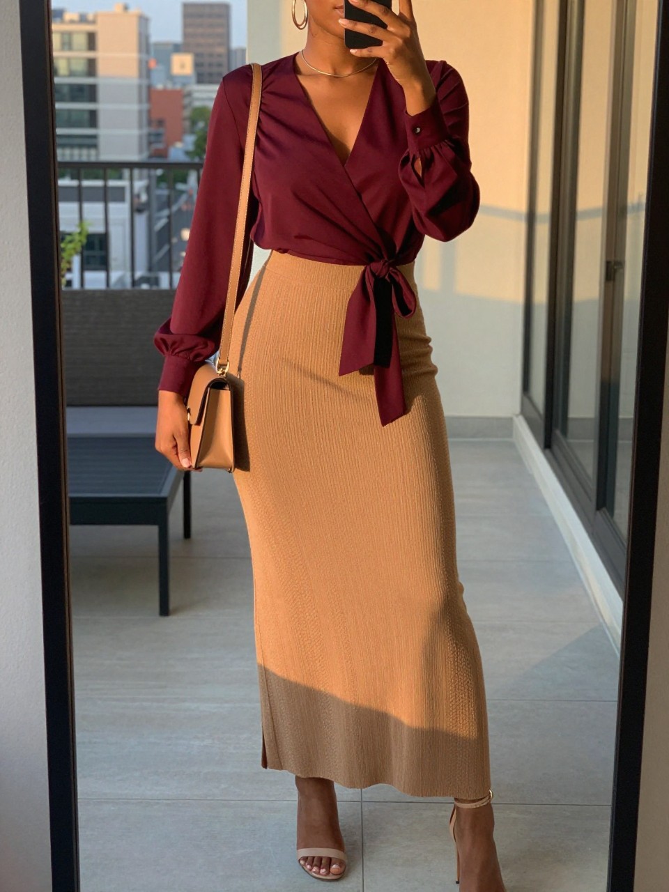 mirror selfie of a black woman wearing a burgundy wrap-style blouse tied at the waist tucked into a camel knit maxi skirt with nude heeled sandals and medium gold hoop earrings, holding a tan crossbody bag, standing in a confident elegant pose, cropped at NECK so face doesn't show, in a city apartment, evening golden hour, iPhone photo quality.