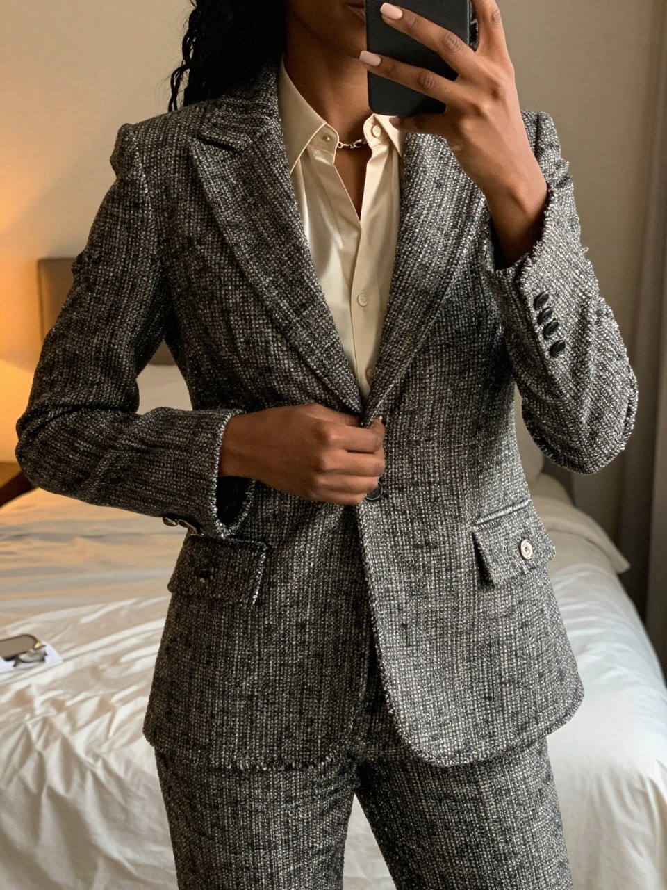 iPhone mirror selfie of a black woman in a tweed suit with a silk shell, buttoning her blazer, cropped at NECK so face doesn't show, in a feminine-themed bedroom, warm moody lighting, iPhone photo quality.