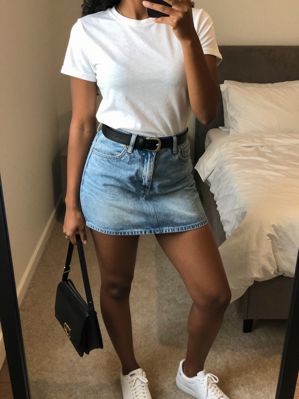 mirror selfie of a black woman wearing a crisp white t-shirt tucked into a light-wash denim mini skirt with a black leather belt cinching her waist and white sneakers, standing in a relaxed pose with one hand holding a black shoulder bag, cropped at NECK so face doesn't show, in a feminine-themed bedroom, warm moody lighting, iPhone photo quality.