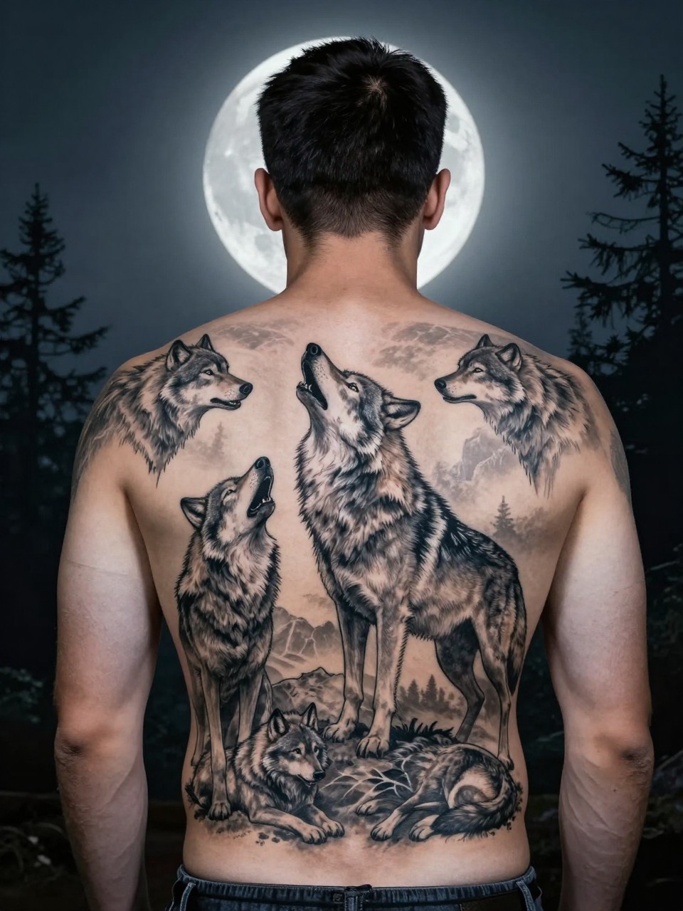 Full back panorama tattoo of a man: A pack of wolves tattoo in various poses—howling, alert, resting—on a mountain ledge under a large, luminous moon. Silvery greywash creates a nighttime, forest atmosphere."