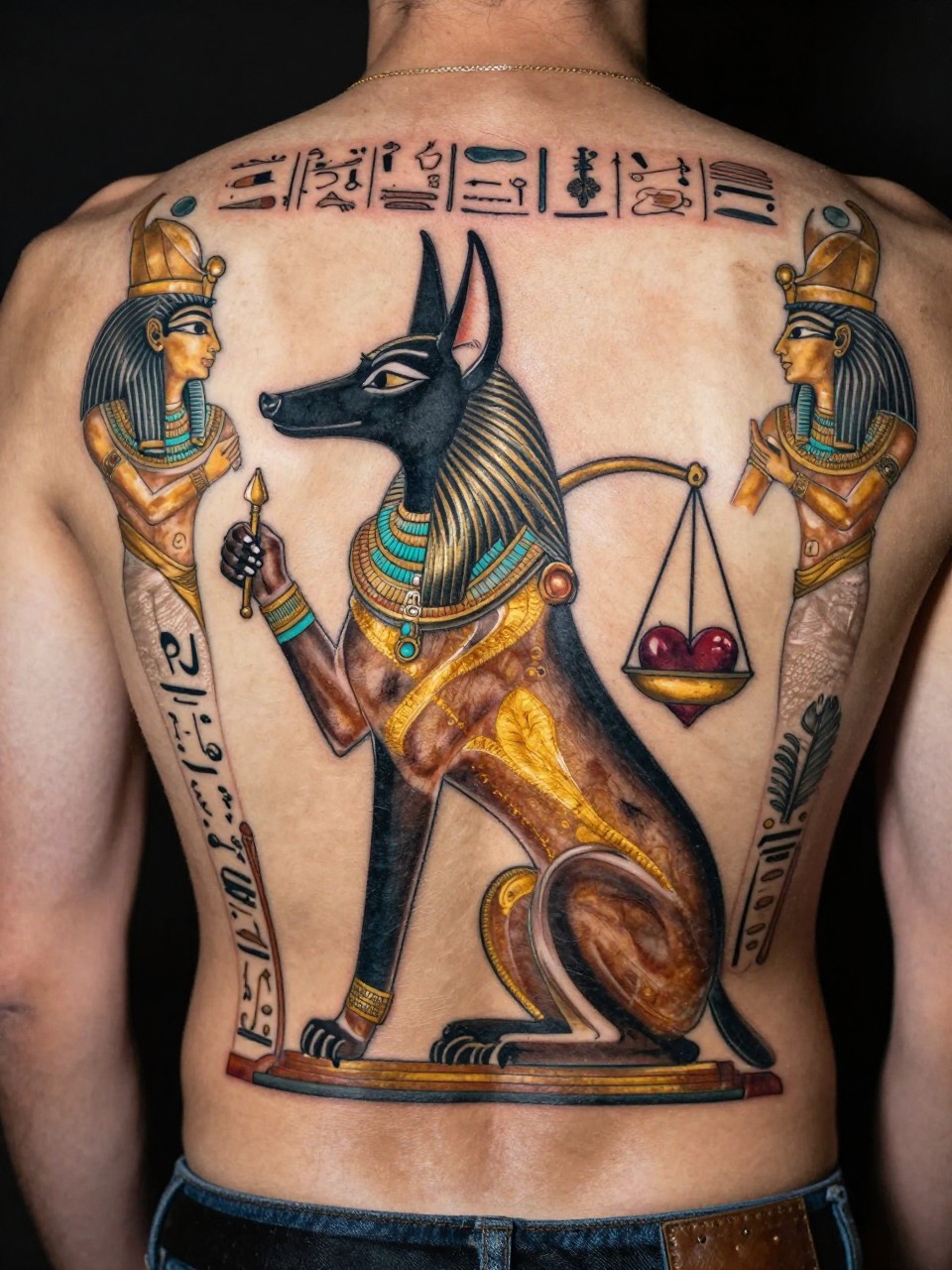 Symmetrical back piece tattoo: Anubis crouched, weighing a heart against a feather on scales. Hieroglyphic borders and Egyptian god profiles flank the central scene. Earth tones of gold, black, and turquoise."