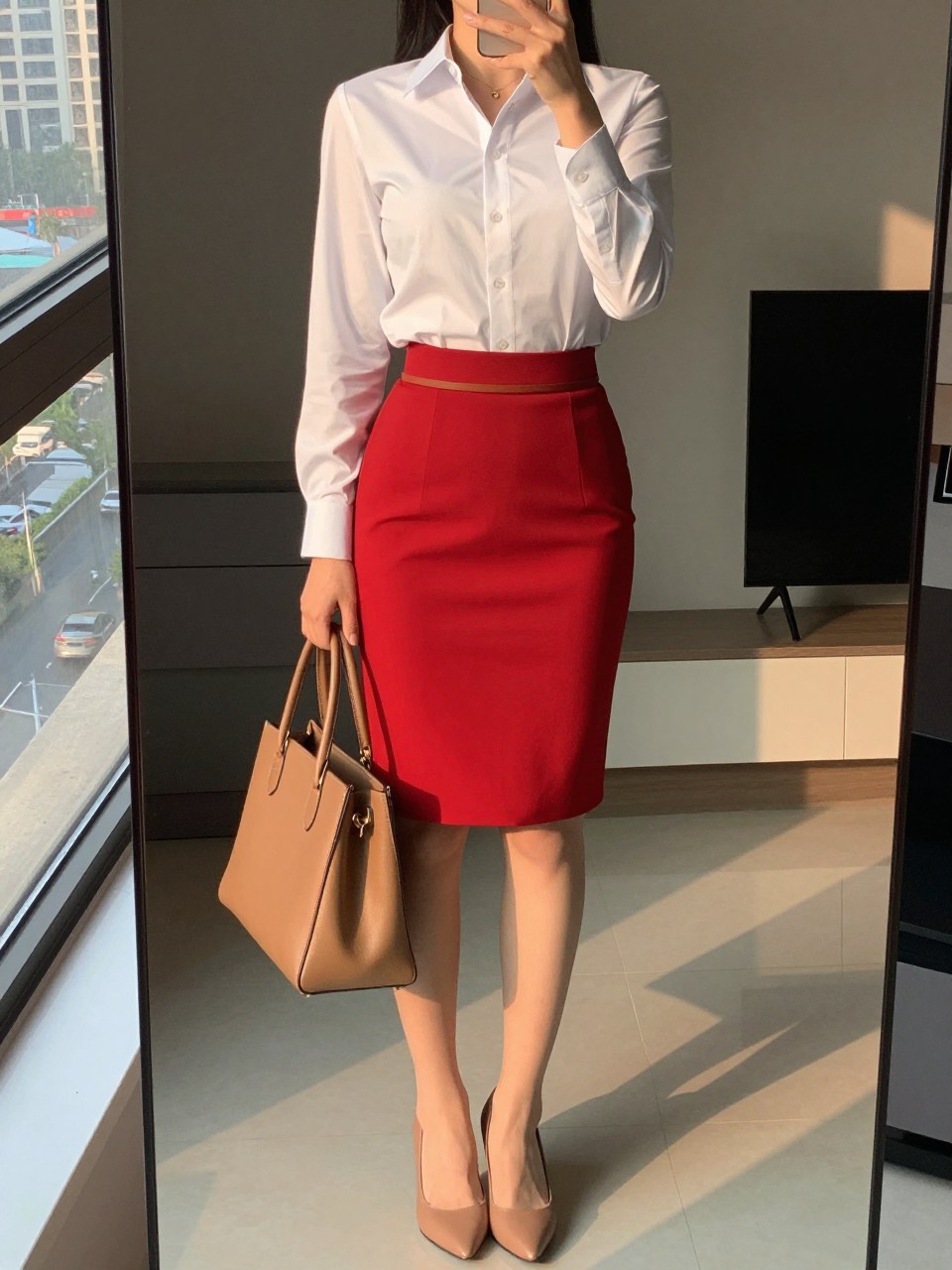 mirror selfie of a woman wearing a crisp white button-down shirt tucked into a true red pencil skirt with nude pointed heels and a thin brown belt, holding a structured tan tote, standing in a polished professional pose, cropped at NECK so face doesn't show, in a city apartment, evening golden hour, iPhone photo quality.