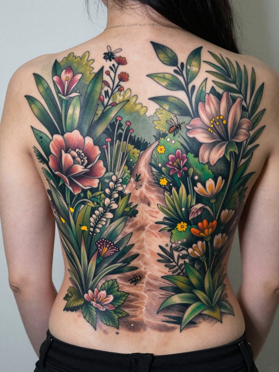 Full back panoramic view tattoo: a cohesive garden scene with different floral species, leaves, and insects. A path of light or a subtle stream follows the spine, creating depth."