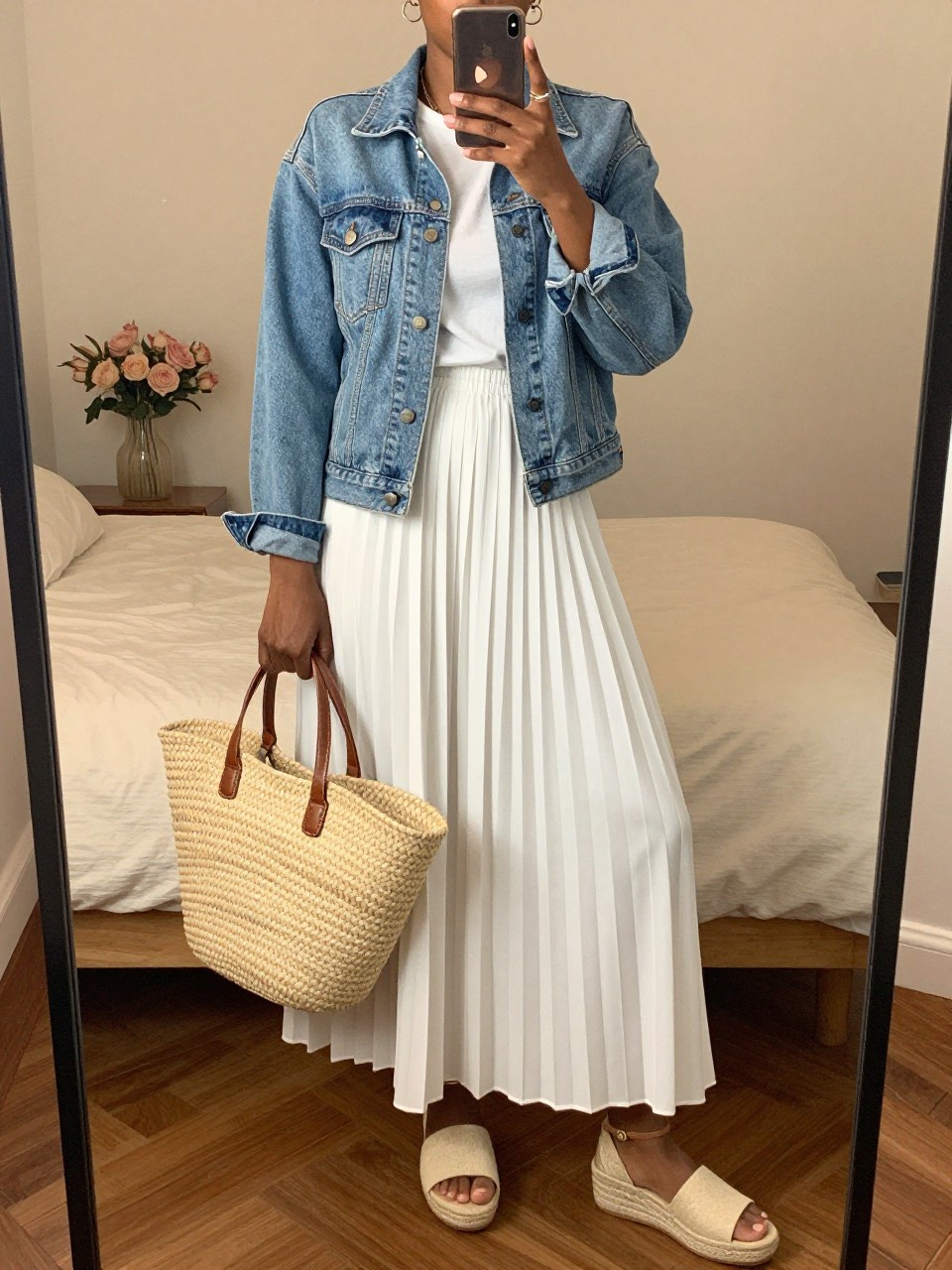 iPhone mirror selfie of a black woman wearing a light-wash denim jacket over a white tee tucked into a white pleated maxi skirt with espadrille wedges and a large straw beach bag, sunglasses perched on her head, standing in a relaxed summer pose, cropped at NECK so face doesn't show, in a feminine-themed bedroom, warm moody lighting, iPhone photo quality.